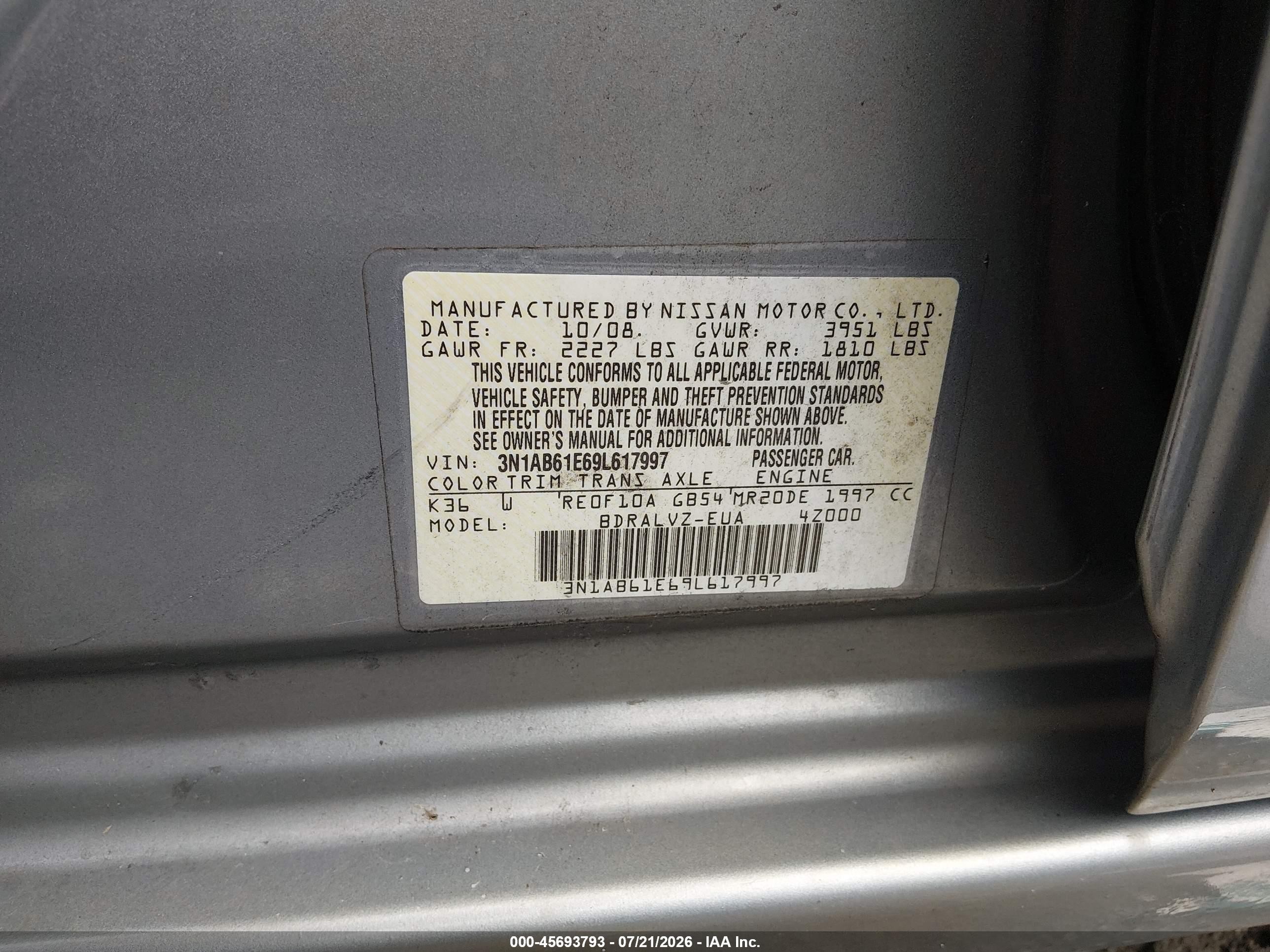 2009 Nissan Sentra 2.0sl Silver vin: 3N1AB61E69L617997