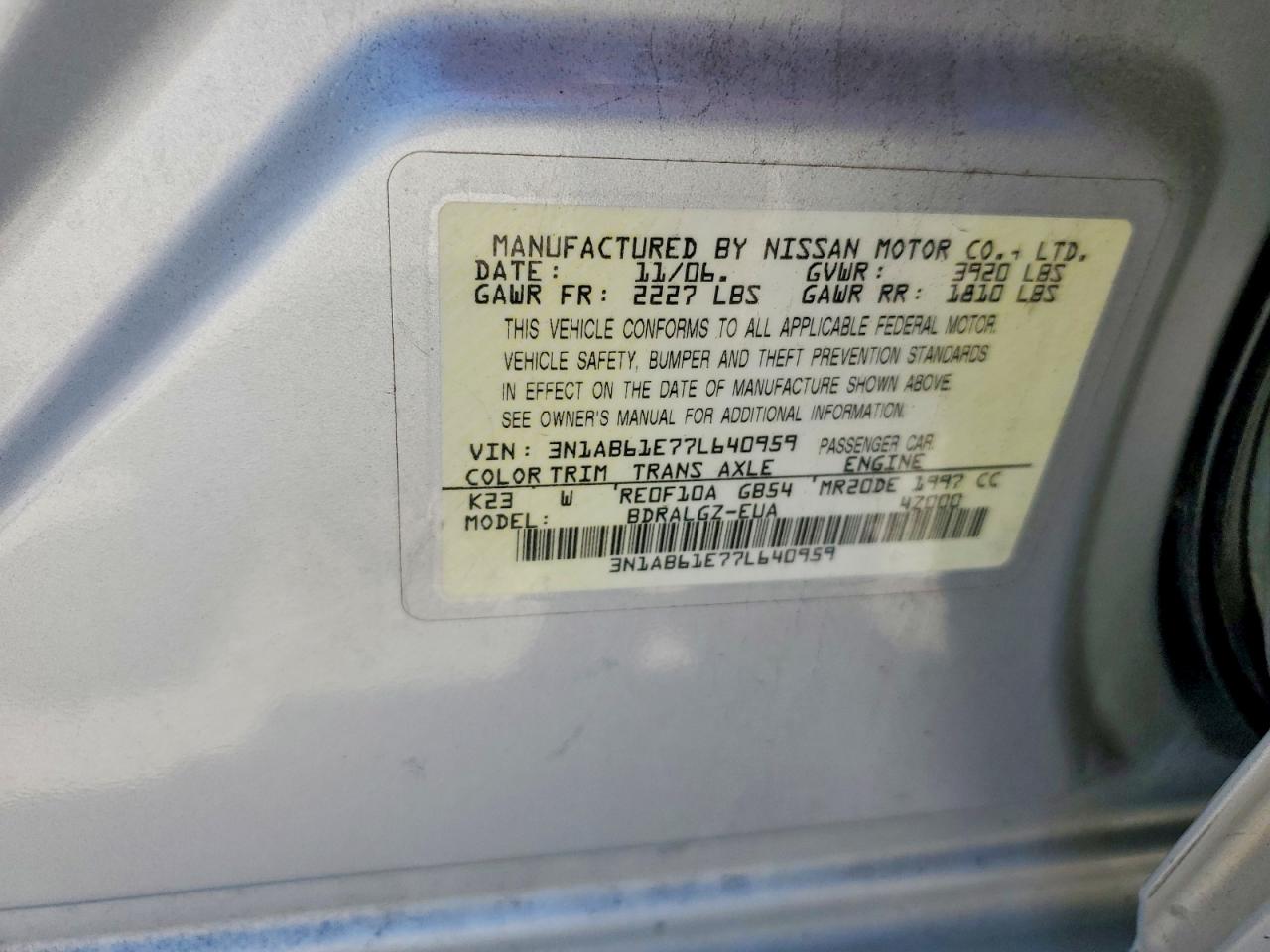 2007 Nissan Sentra 2.0 Серебряный vin: 3N1AB61E77L640959