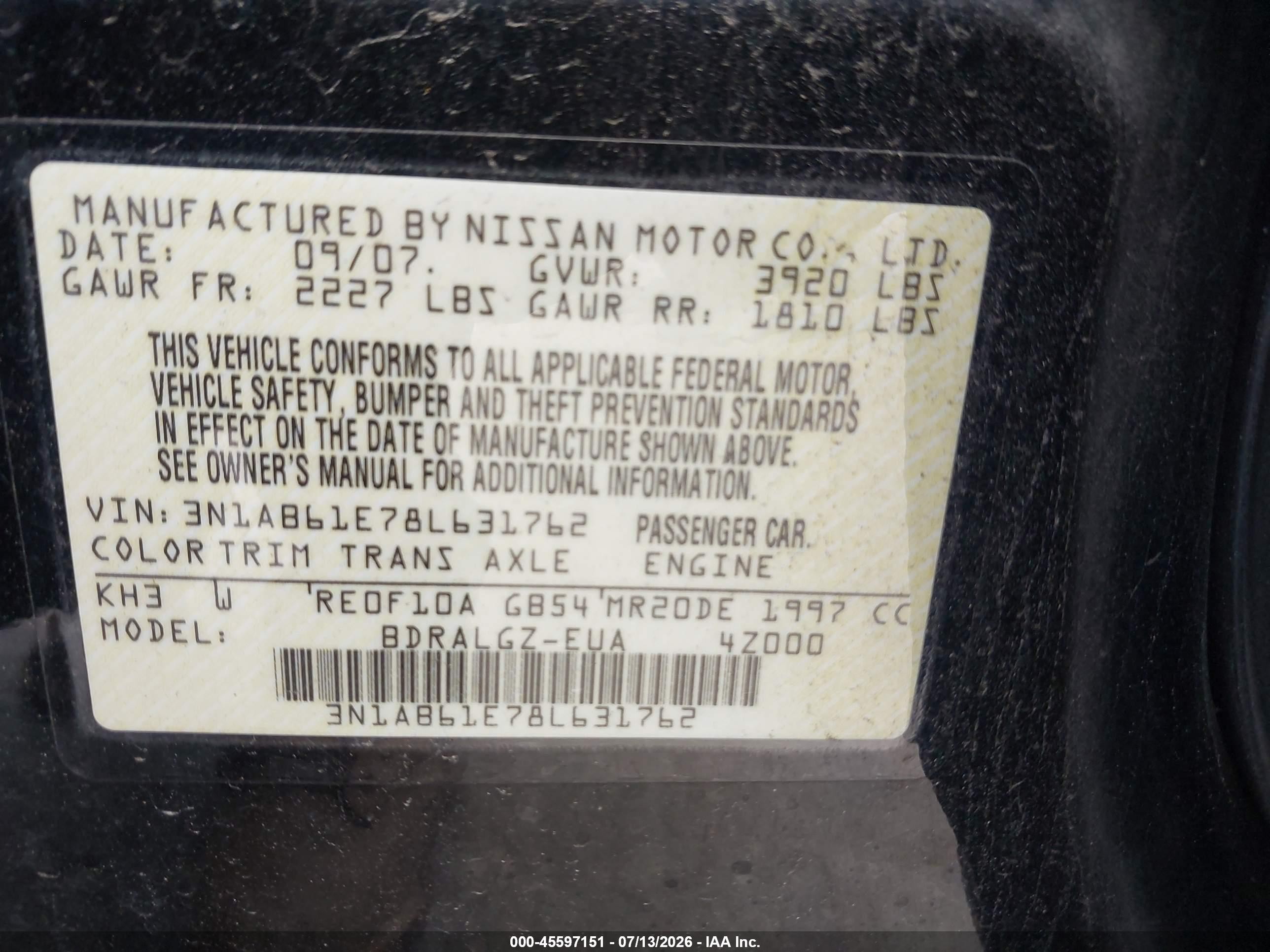 2008 Nissan Sentra 2.0 Sl Черный vin: 3N1AB61E78L631762