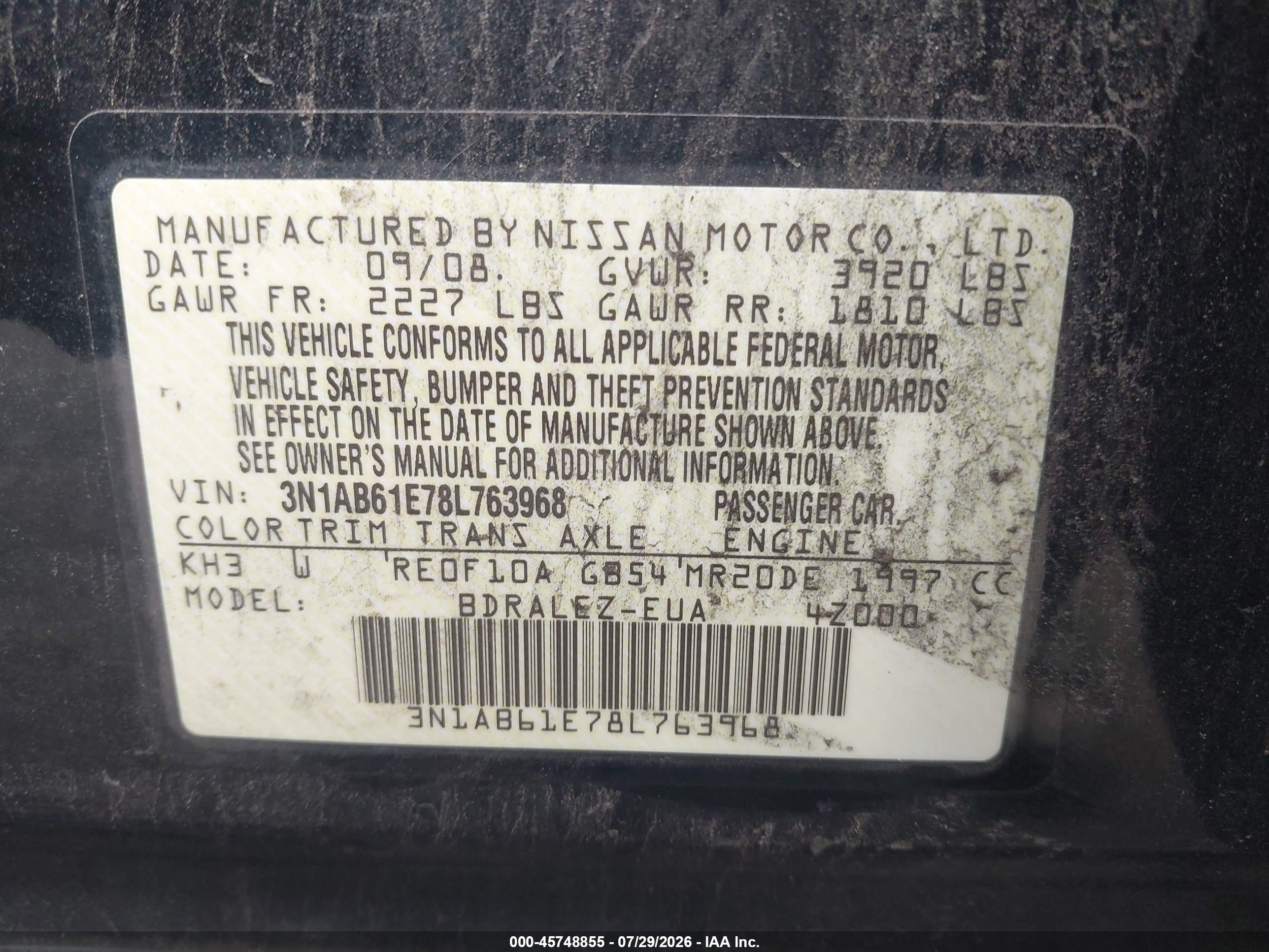 2008 Nissan Sentra 2.0 S Black vin: 3N1AB61E78L763968