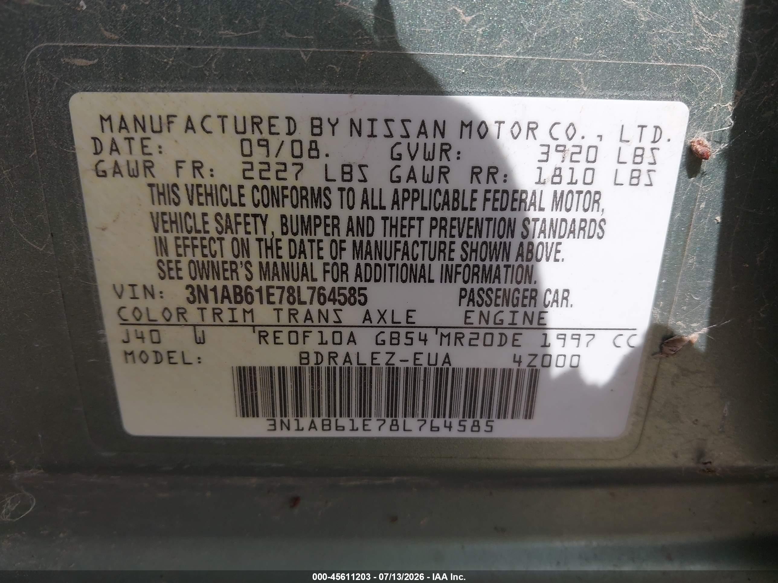 2008 Nissan Sentra 2.0 S Green vin: 3N1AB61E78L764585