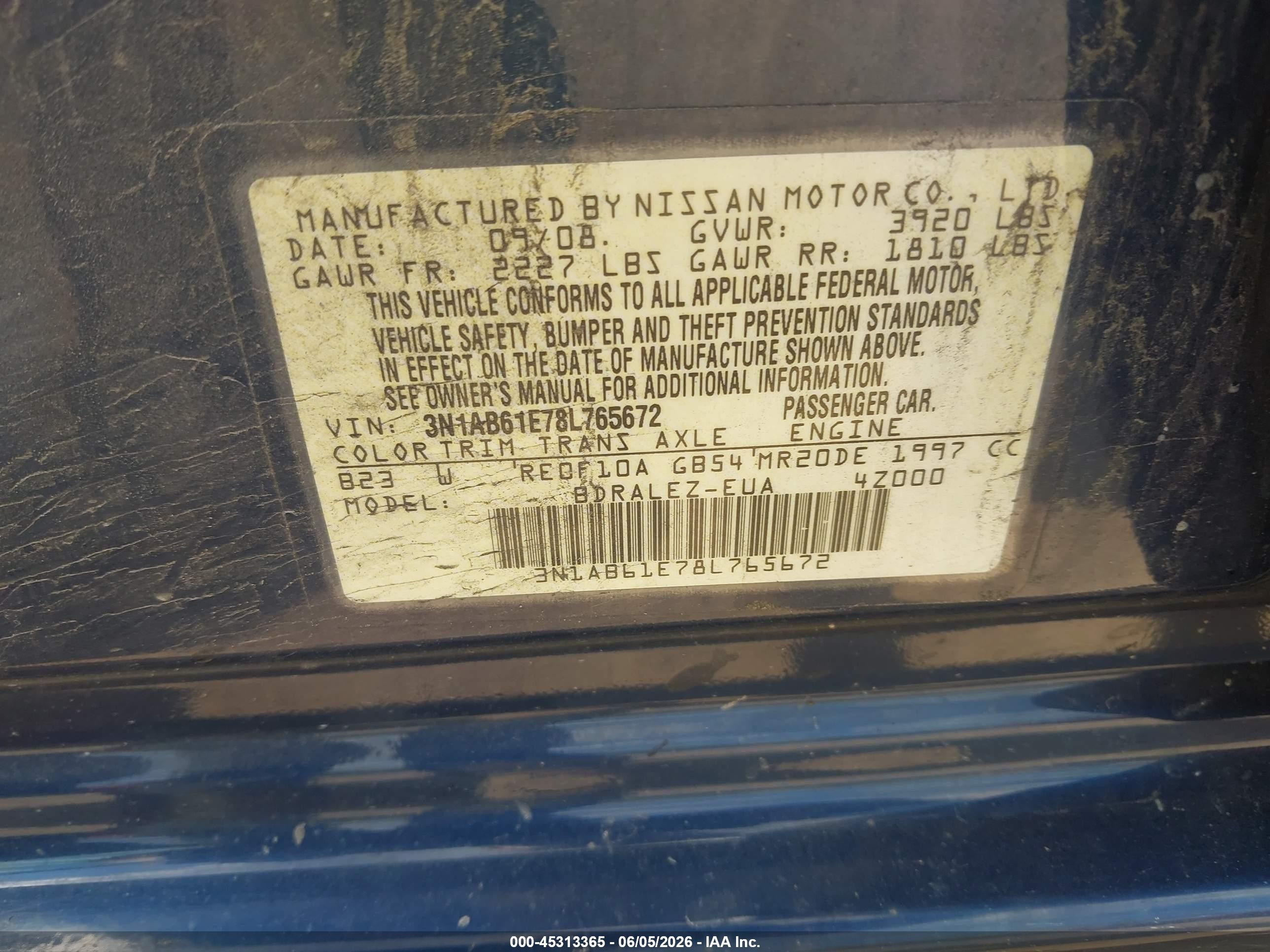 2008 Nissan Sentra 2.0s Blue vin: 3N1AB61E78L765672