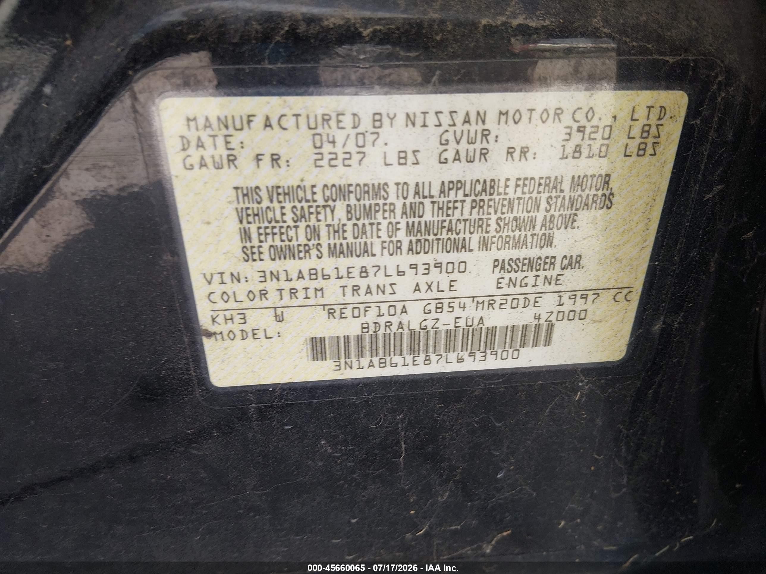 2007 Nissan Sentra 2.0sl Черный vin: 3N1AB61E87L693900