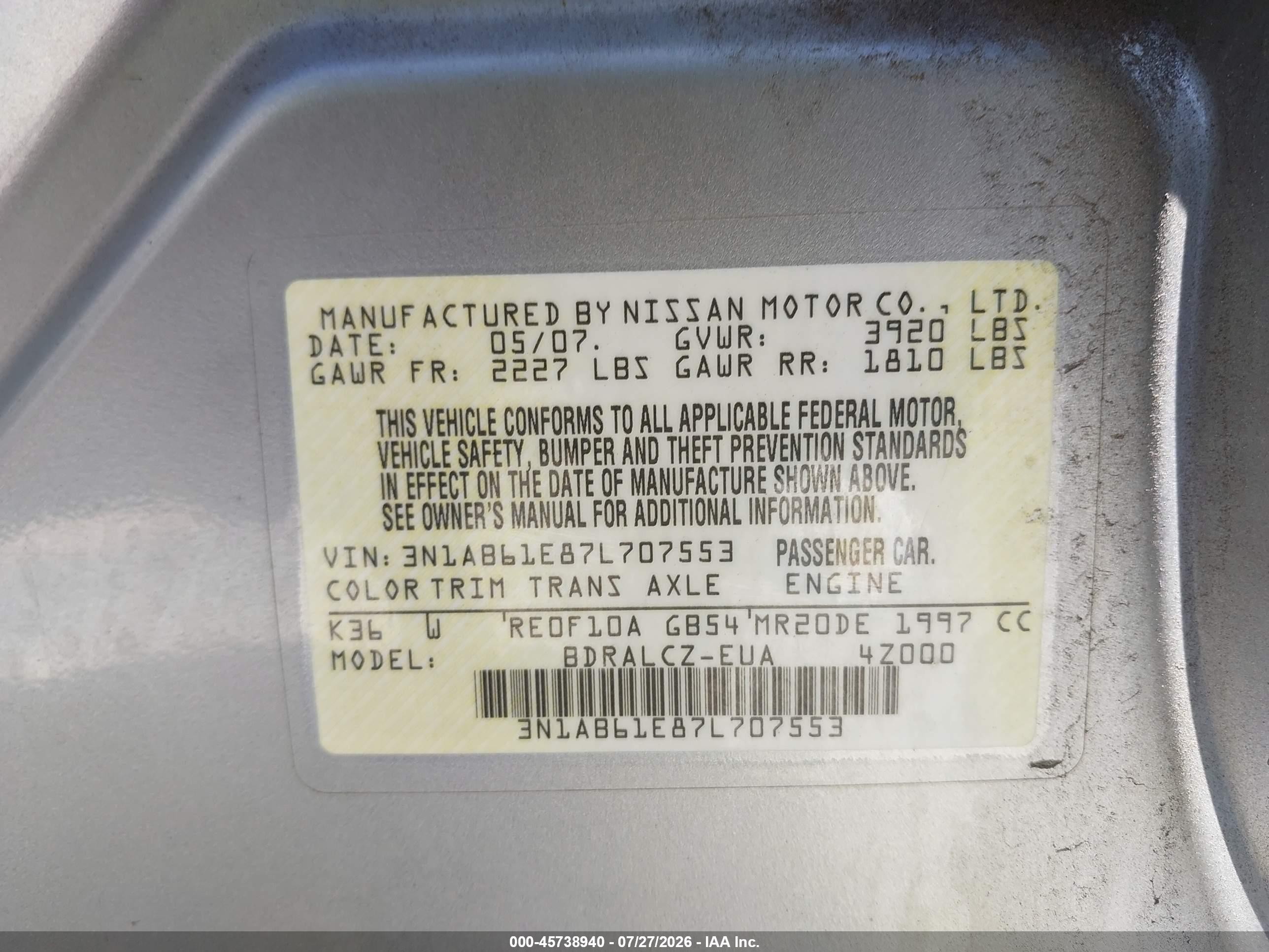 2007 Nissan Sentra 2.0 Silver vin: 3N1AB61E87L707553