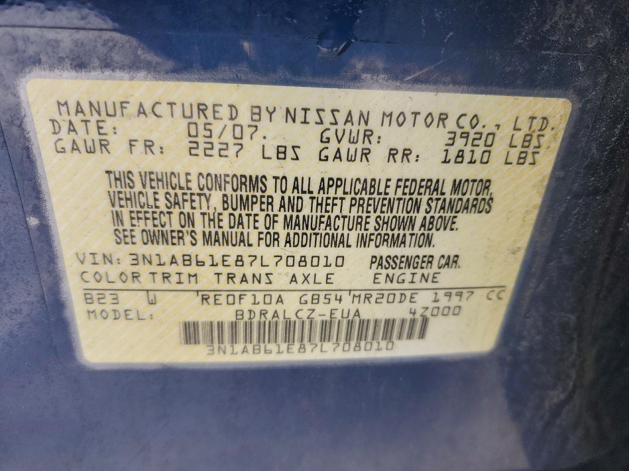 2007 Nissan Sentra 2.0 Blue vin: 3N1AB61E87L708010