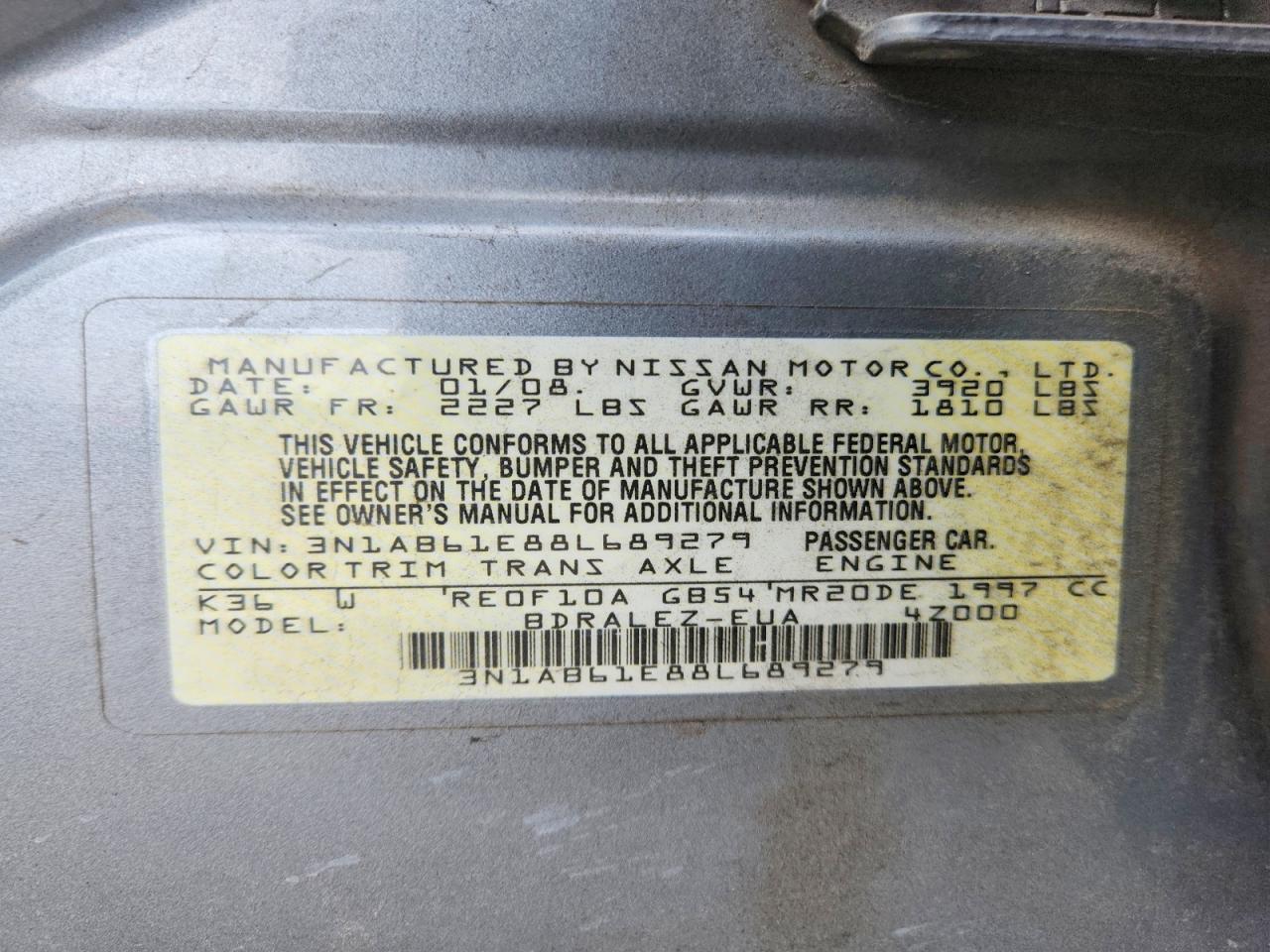 2008 Nissan Sentra 2.0 Gray vin: 3N1AB61E88L689279