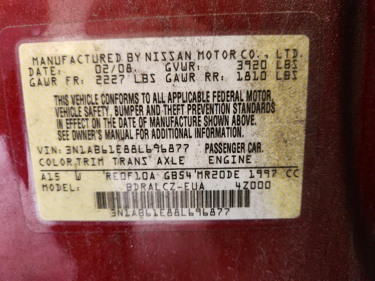 2008 Nissan Sentra 2.0 Красный vin: 3N1AB61E88L696877