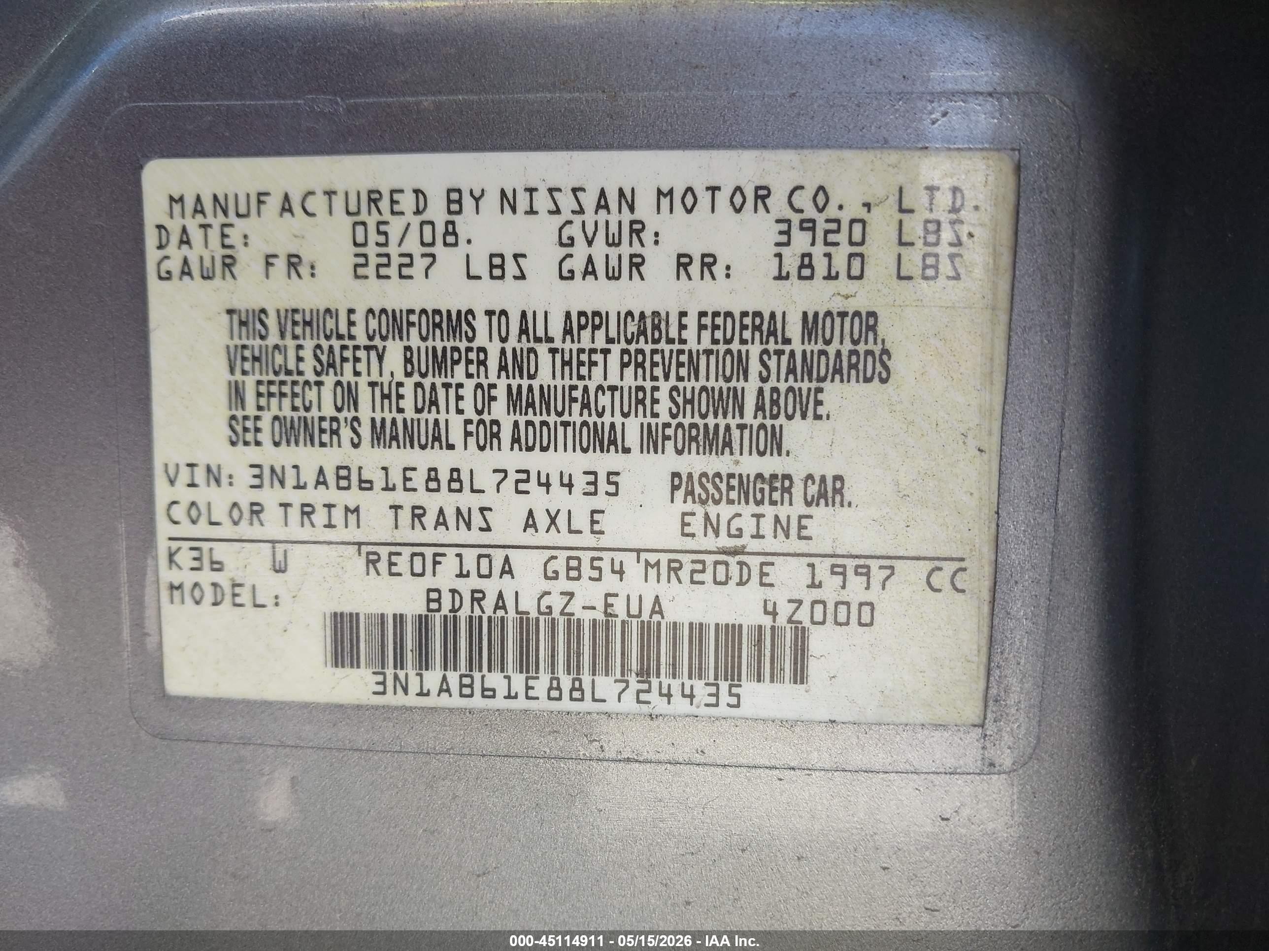 2008 Nissan Sentra 2.0sl Gray vin: 3N1AB61E88L724435