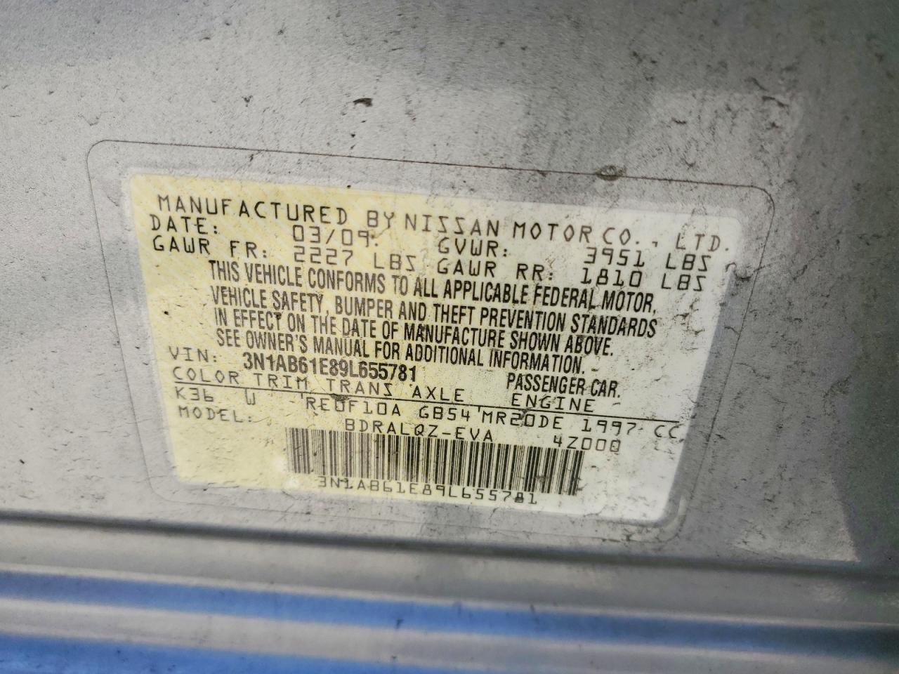 2009 Nissan Sentra 2.0 Серебряный vin: 3N1AB61E89L655781