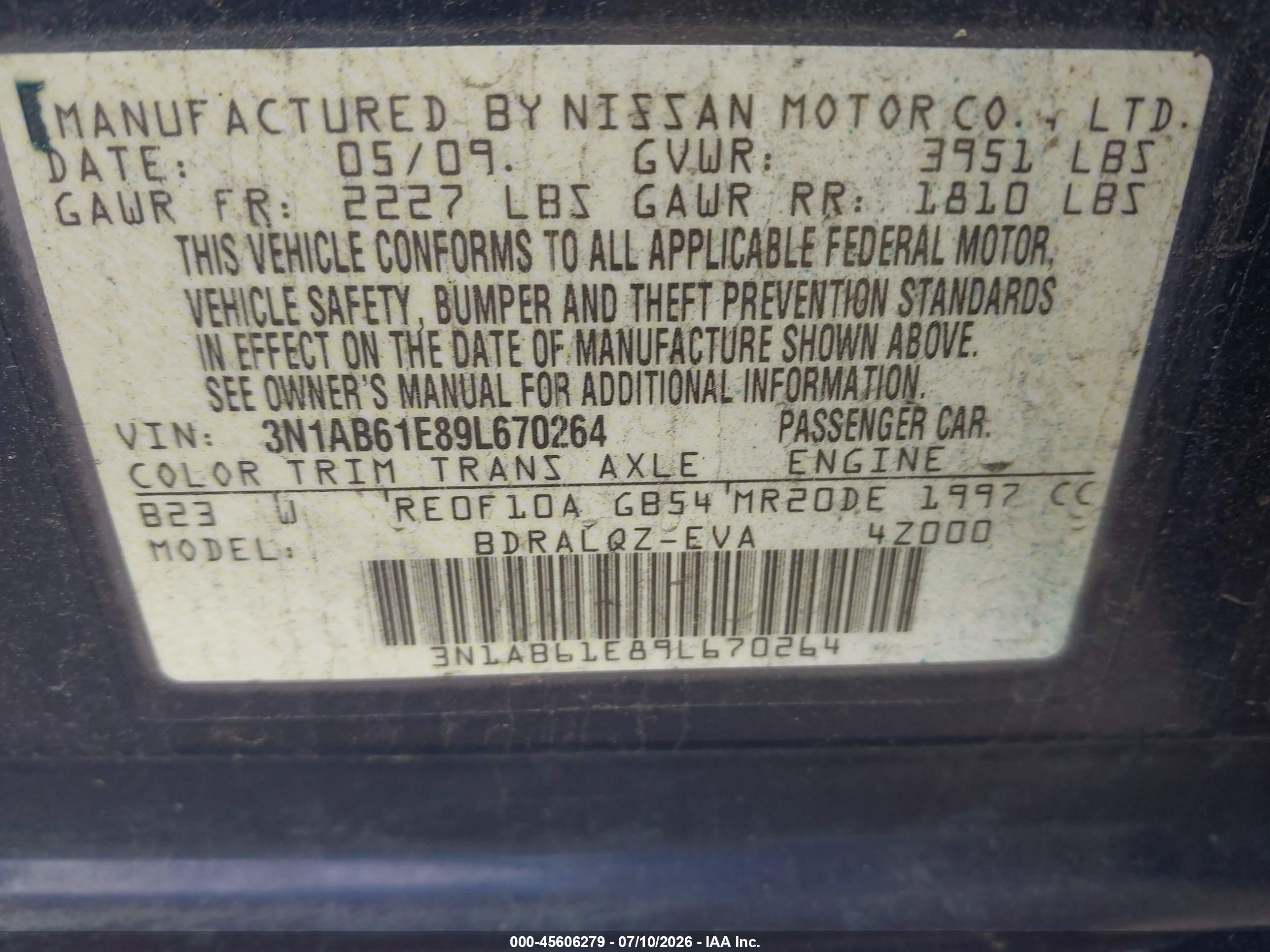2009 Nissan Sentra 2.0 Blue vin: 3N1AB61E89L670264