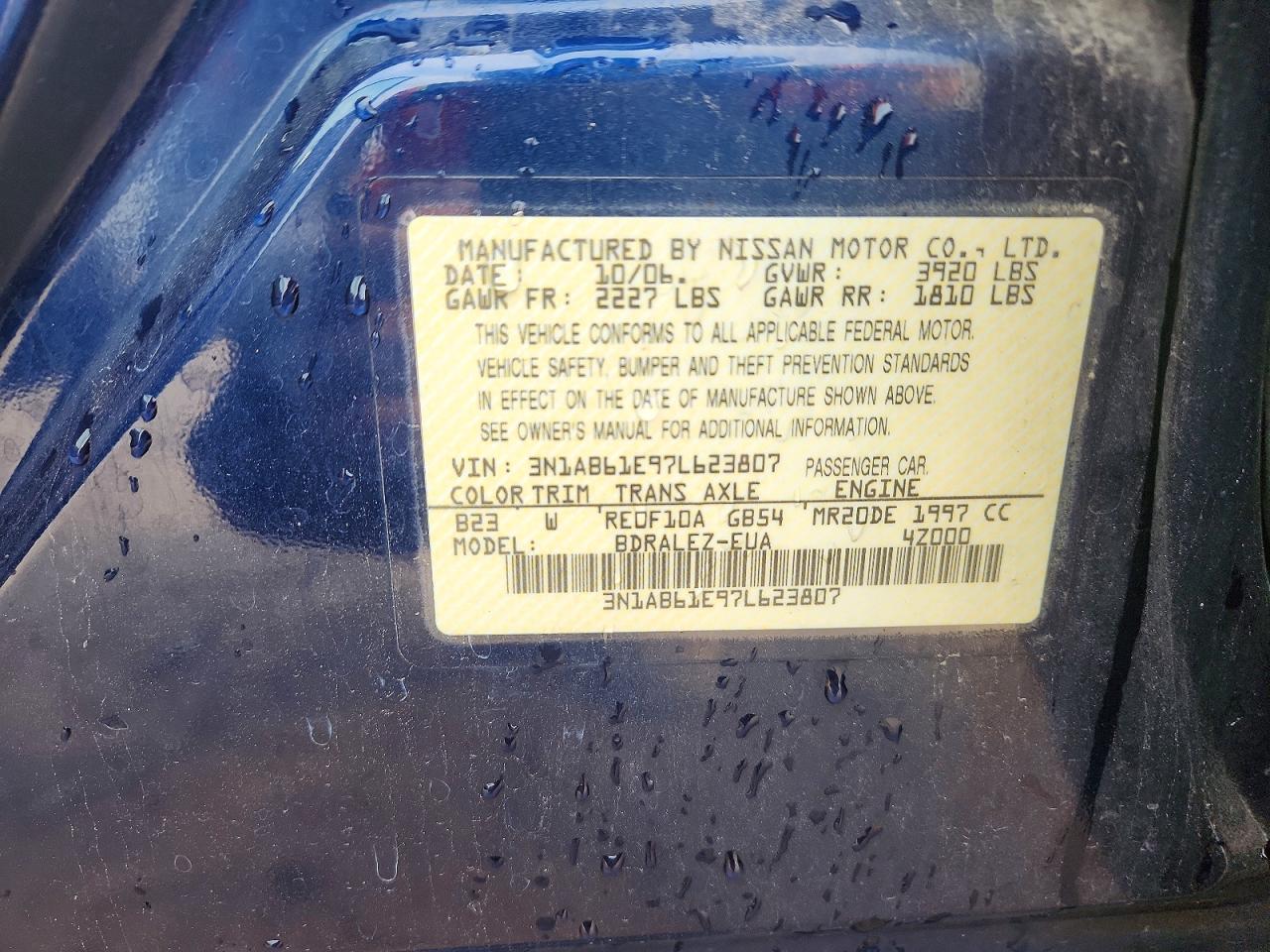 2007 Nissan Sentra 2.0 Blue vin: 3N1AB61E97L623807