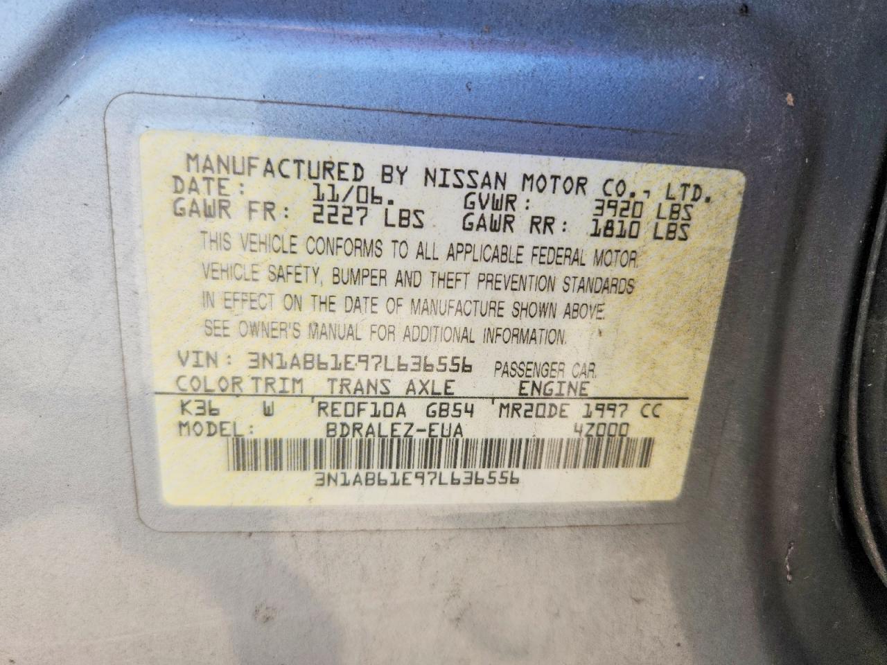 2007 Nissan Sentra 2.0 Silver vin: 3N1AB61E97L636556