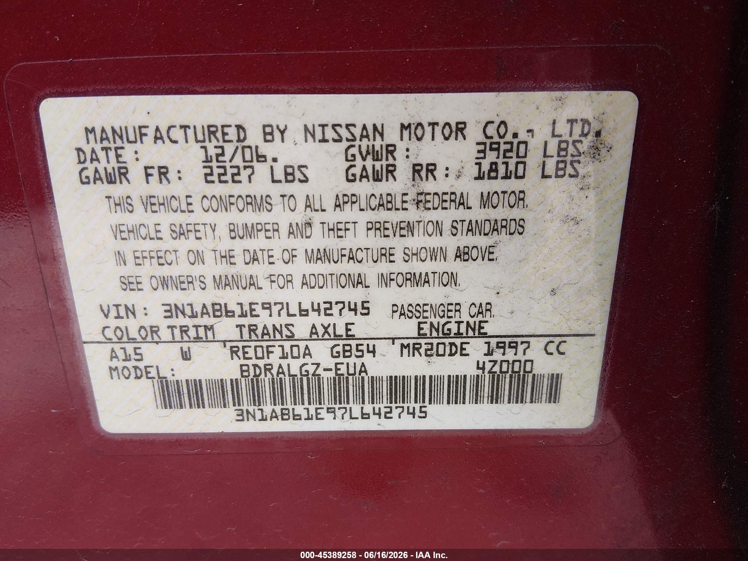 2007 Nissan Sentra 2.0sl Red vin: 3N1AB61E97L642745