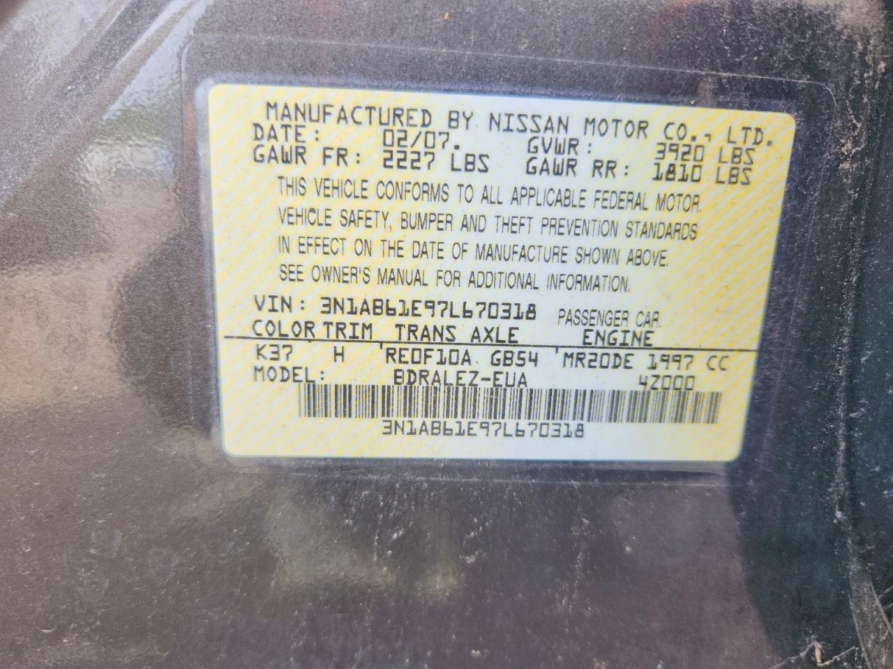 2007 Nissan Sentra 2.0 Коричневый vin: 3N1AB61E97L670318