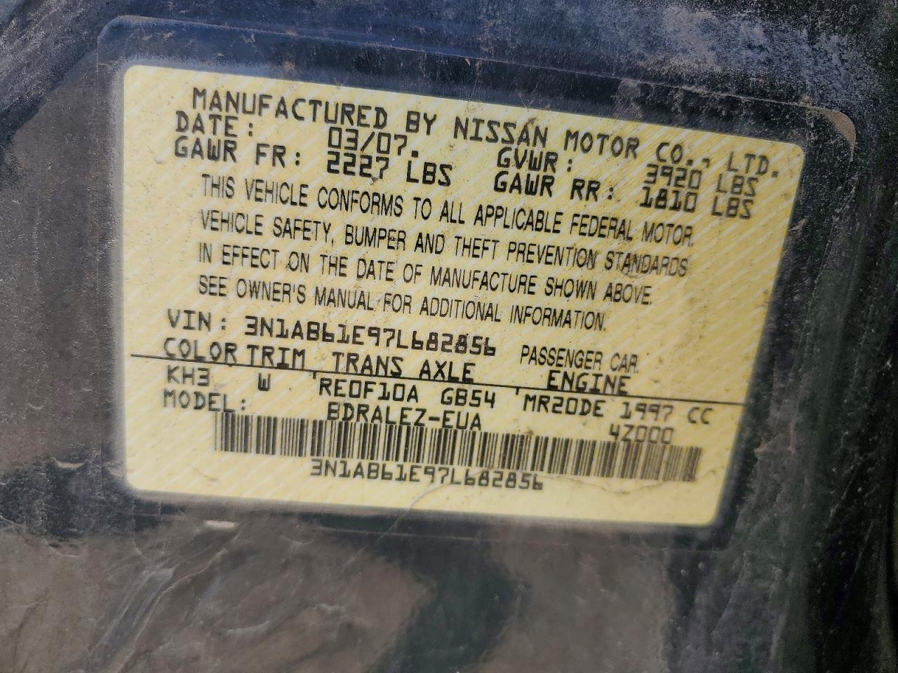 2007 Nissan Sentra 2.0 Black vin: 3N1AB61E97L682856