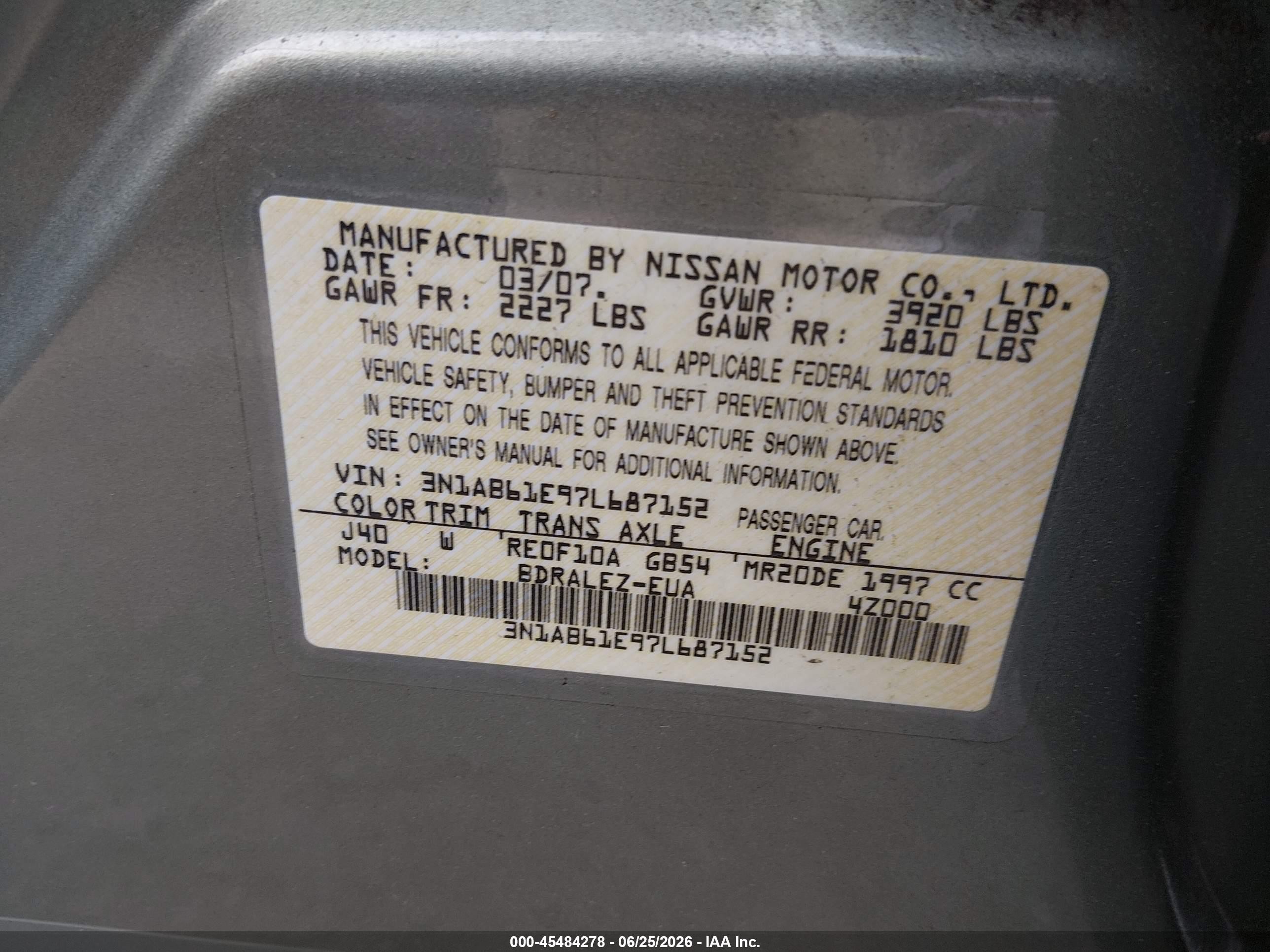 2007 Nissan Sentra 2.0s Green vin: 3N1AB61E97L687152