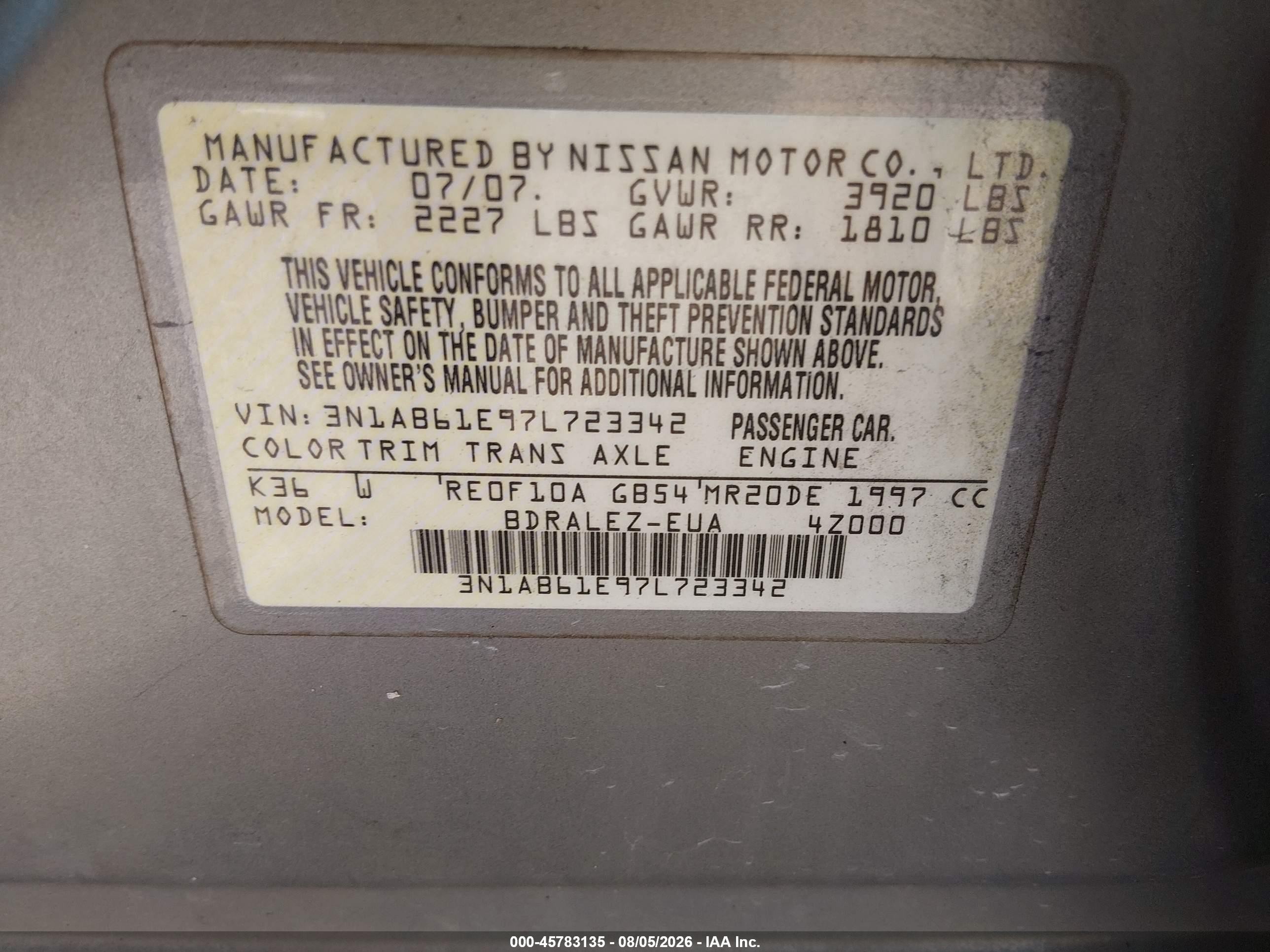 2007 Nissan Sentra 2.0s Blue vin: 3N1AB61E97L723342