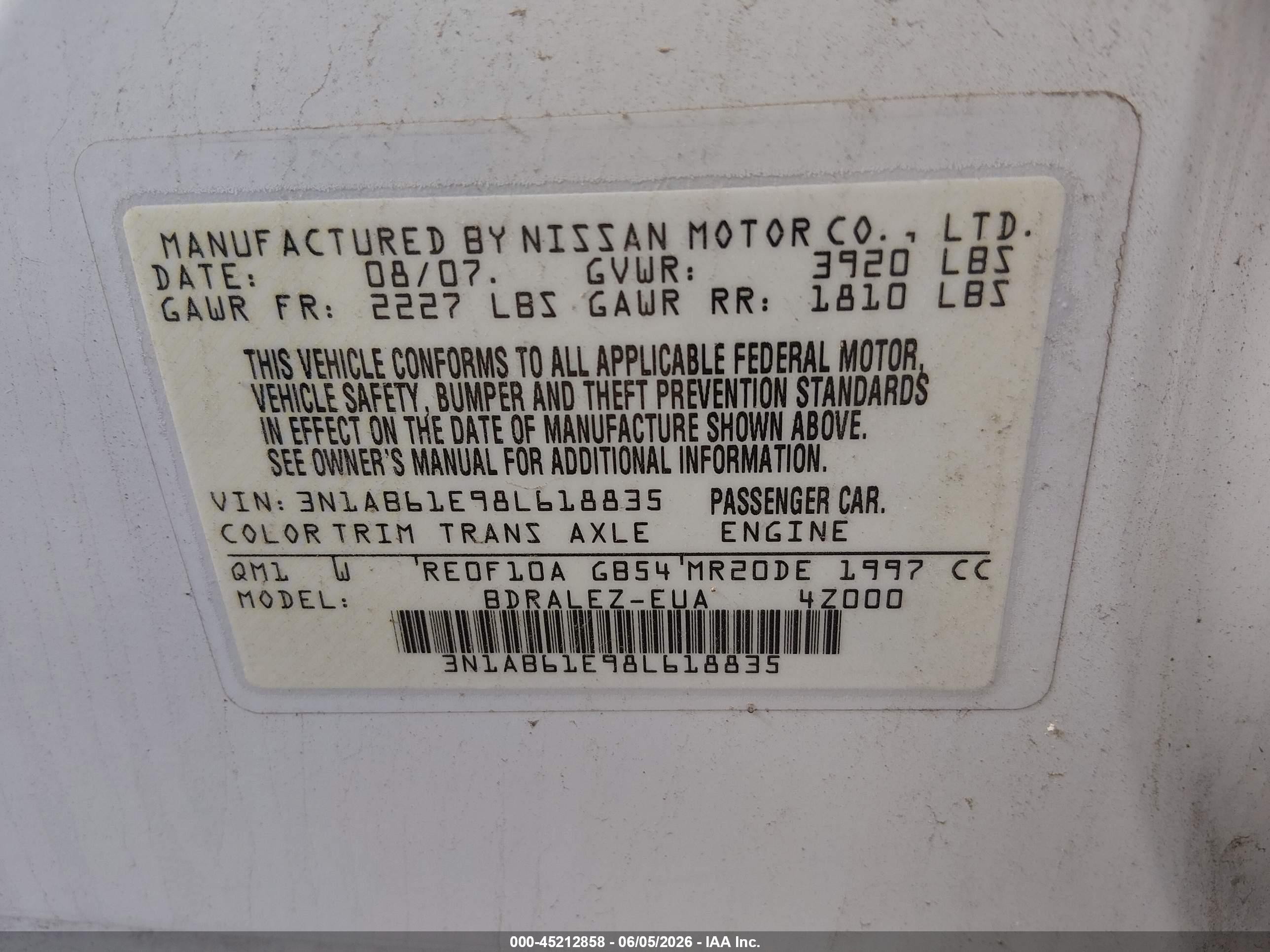 2008 Nissan Sentra 2.0s White vin: 3N1AB61E98L618835