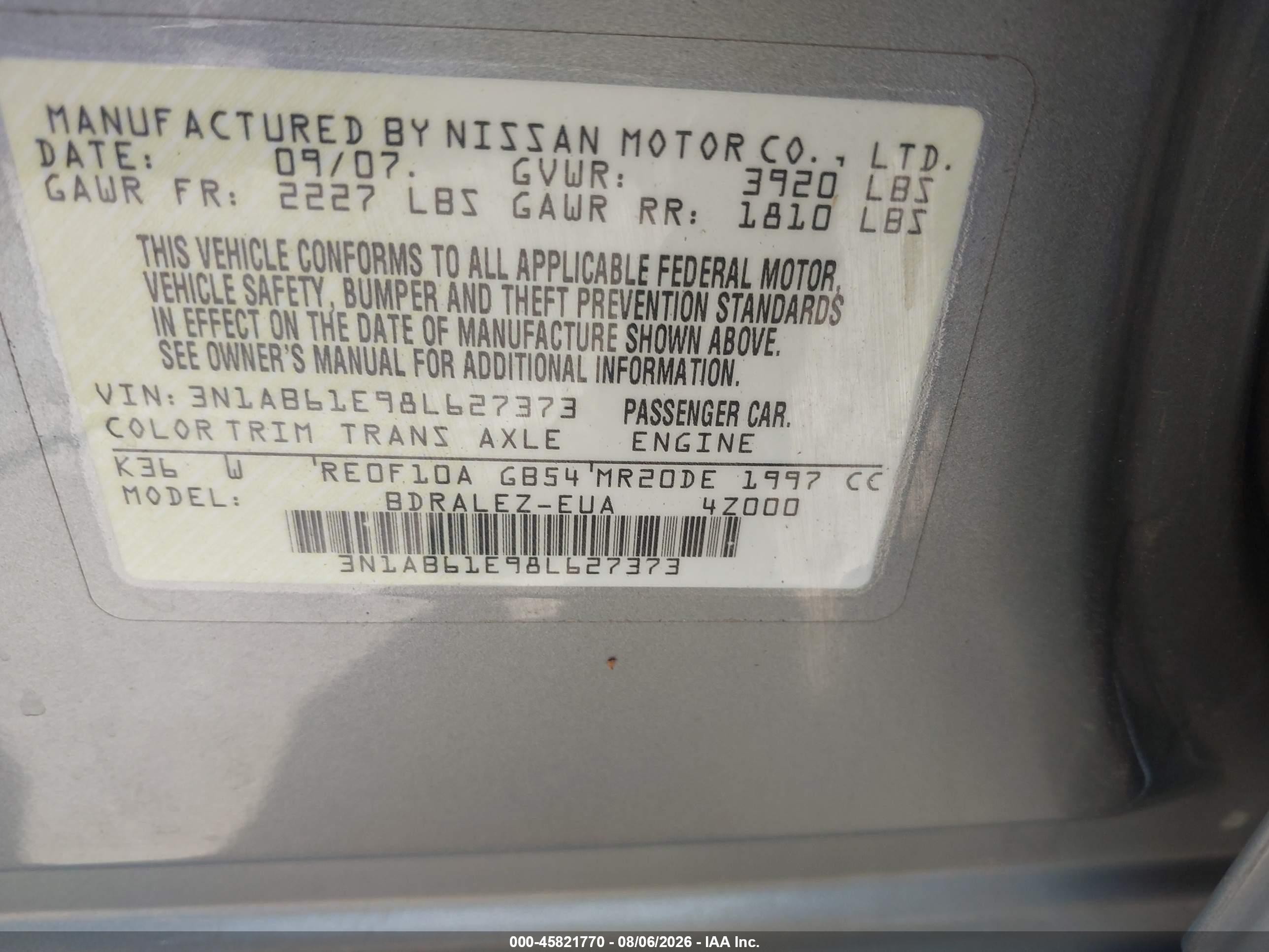 2008 Nissan Sentra 2.0 S Gray vin: 3N1AB61E98L627373