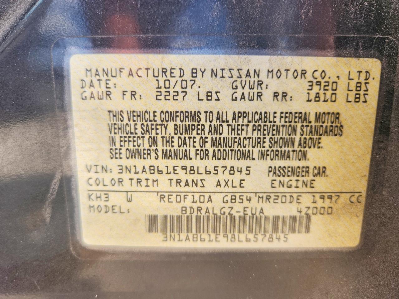 2008 Nissan Sentra 2.0 Black vin: 3N1AB61E98L657845