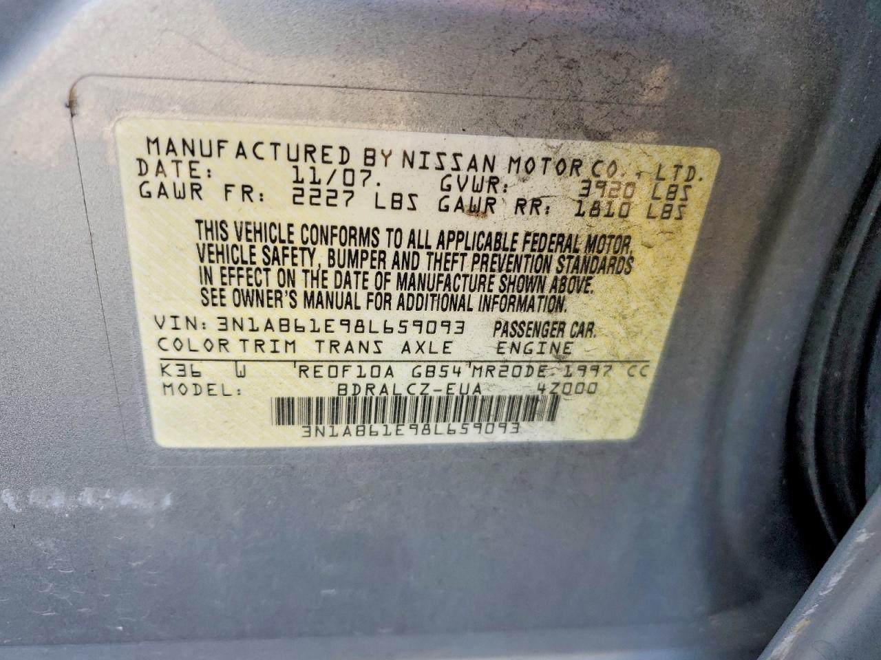 2008 Nissan Sentra 2.0 Gray vin: 3N1AB61E98L659093