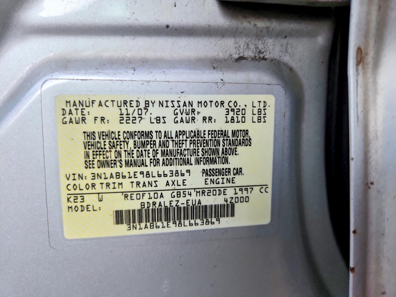 2008 Nissan Sentra 2.0 Silver vin: 3N1AB61E98L663869