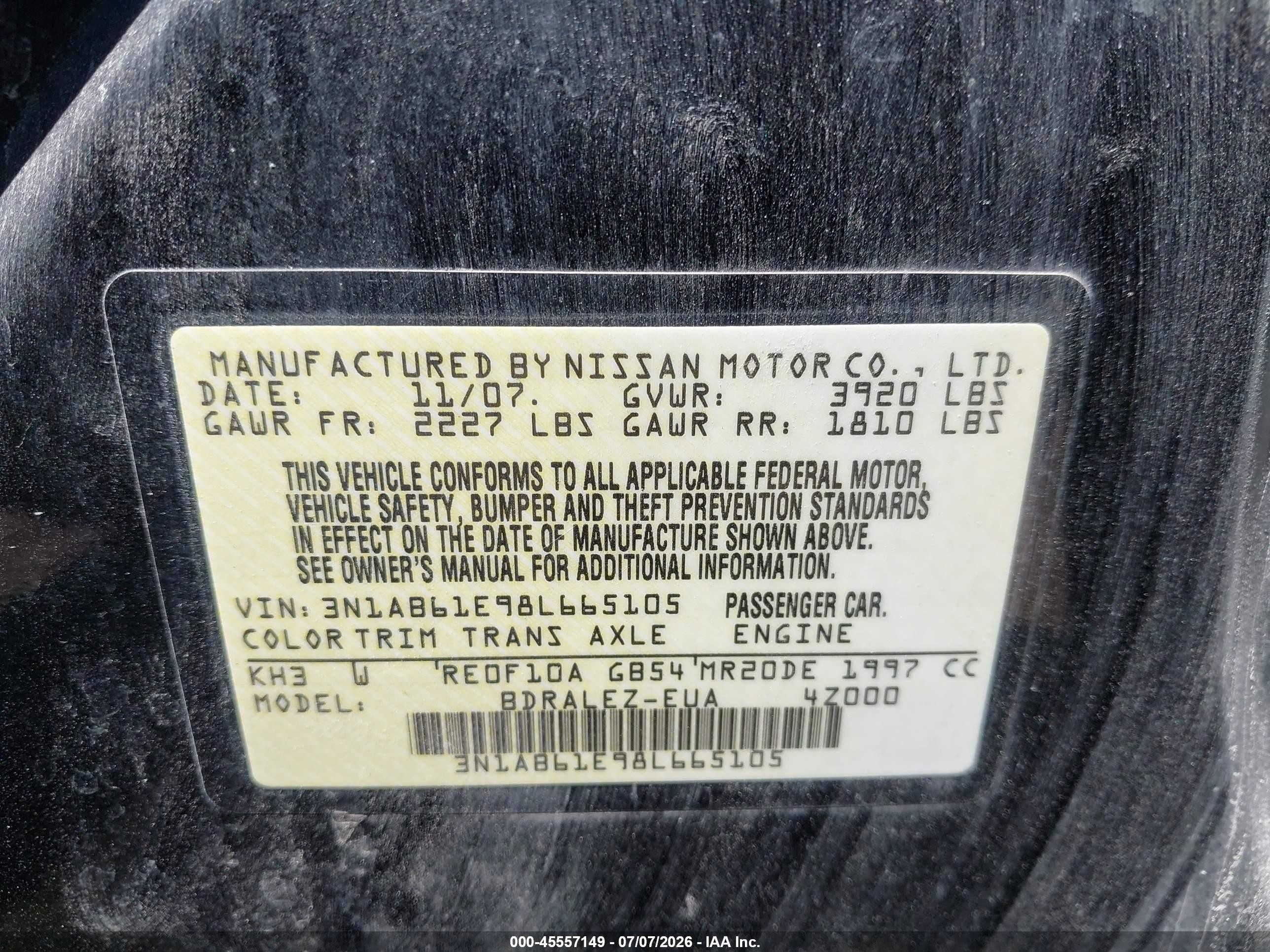 2008 Nissan Sentra 2.0 S Черный vin: 3N1AB61E98L665105