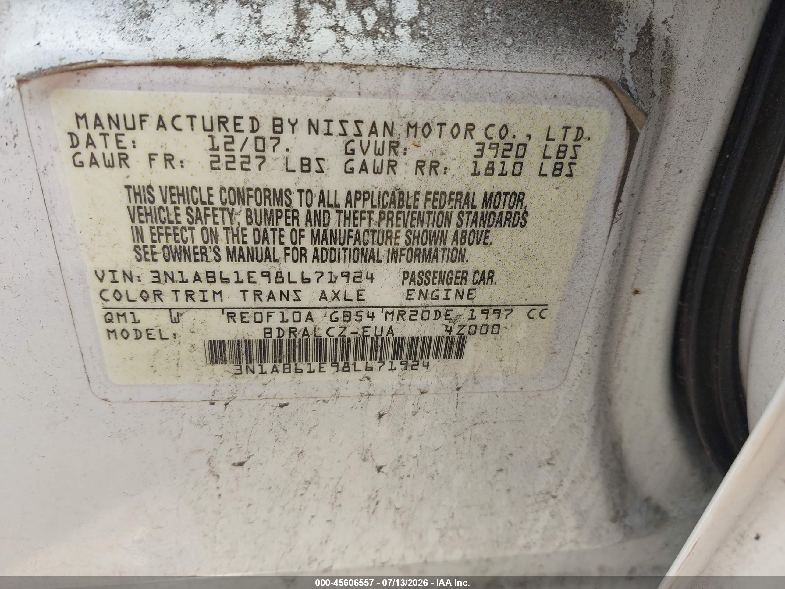 2008 Nissan Sentra 2.0 White vin: 3N1AB61E98L671924