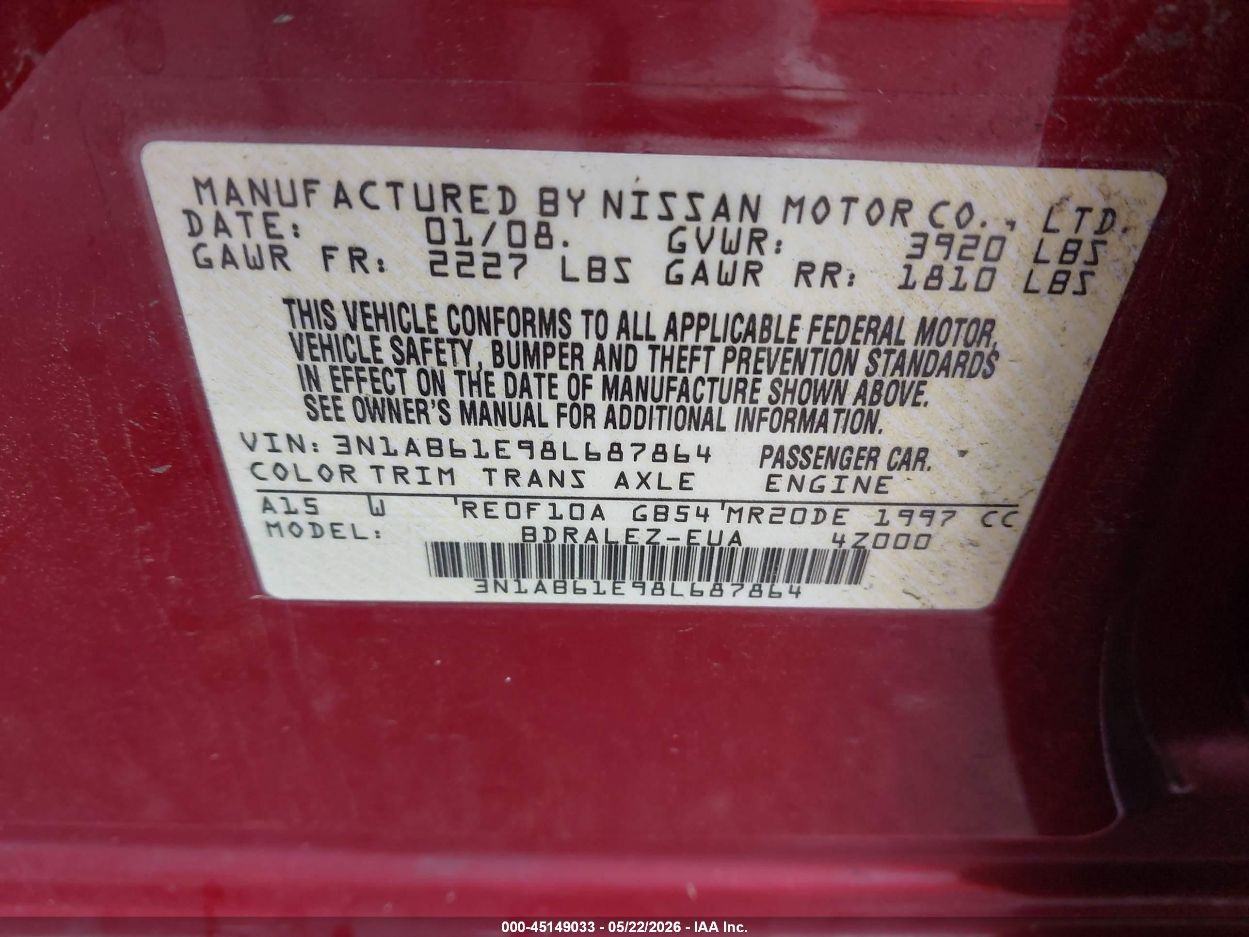 2008 Nissan Sentra 2.0s Red vin: 3N1AB61E98L687864