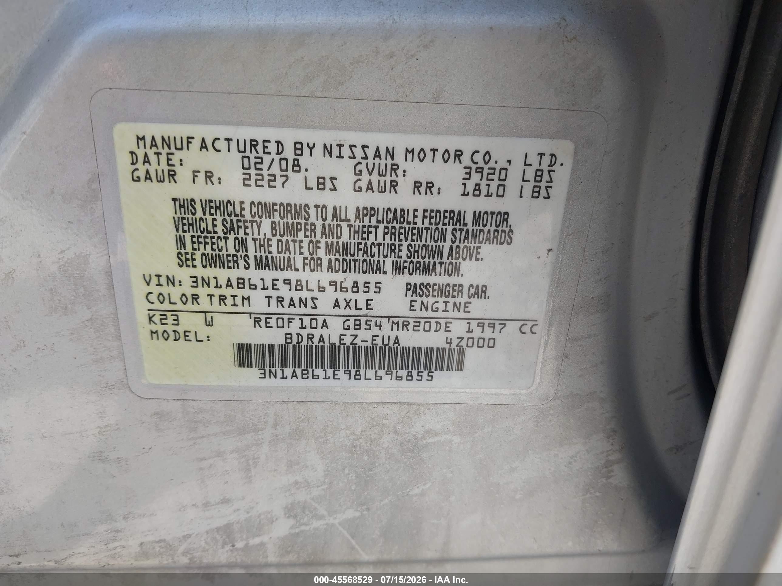 2008 Nissan Sentra 2.0 S Silver vin: 3N1AB61E98L696855