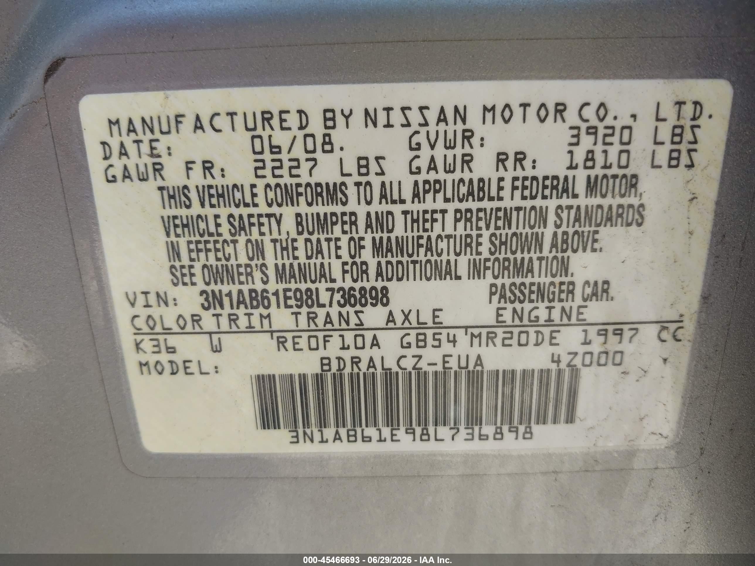 2008 Nissan Sentra 2.0 Gray vin: 3N1AB61E98L736898