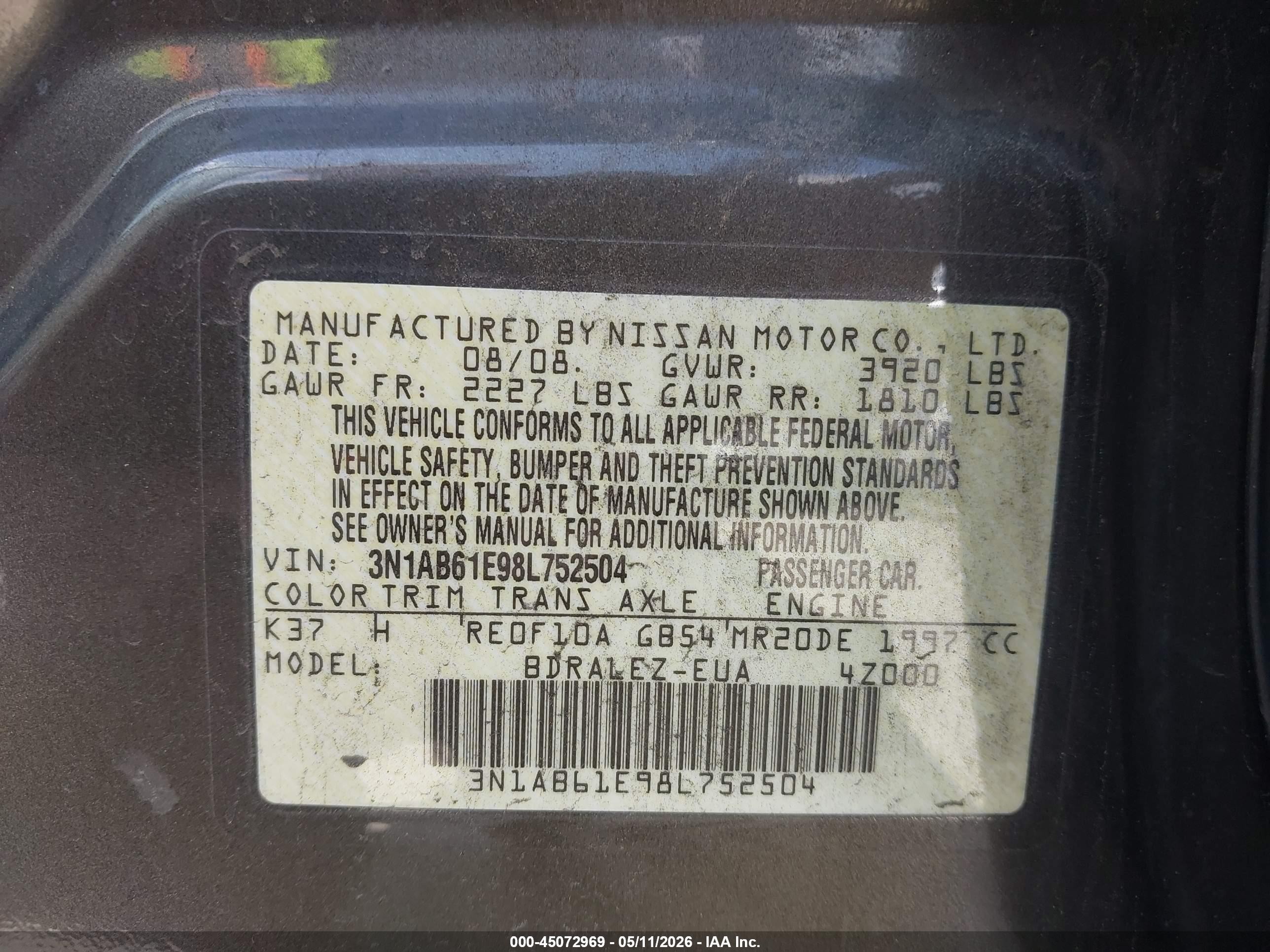 2008 Nissan Sentra 2.0s Gray vin: 3N1AB61E98L752504