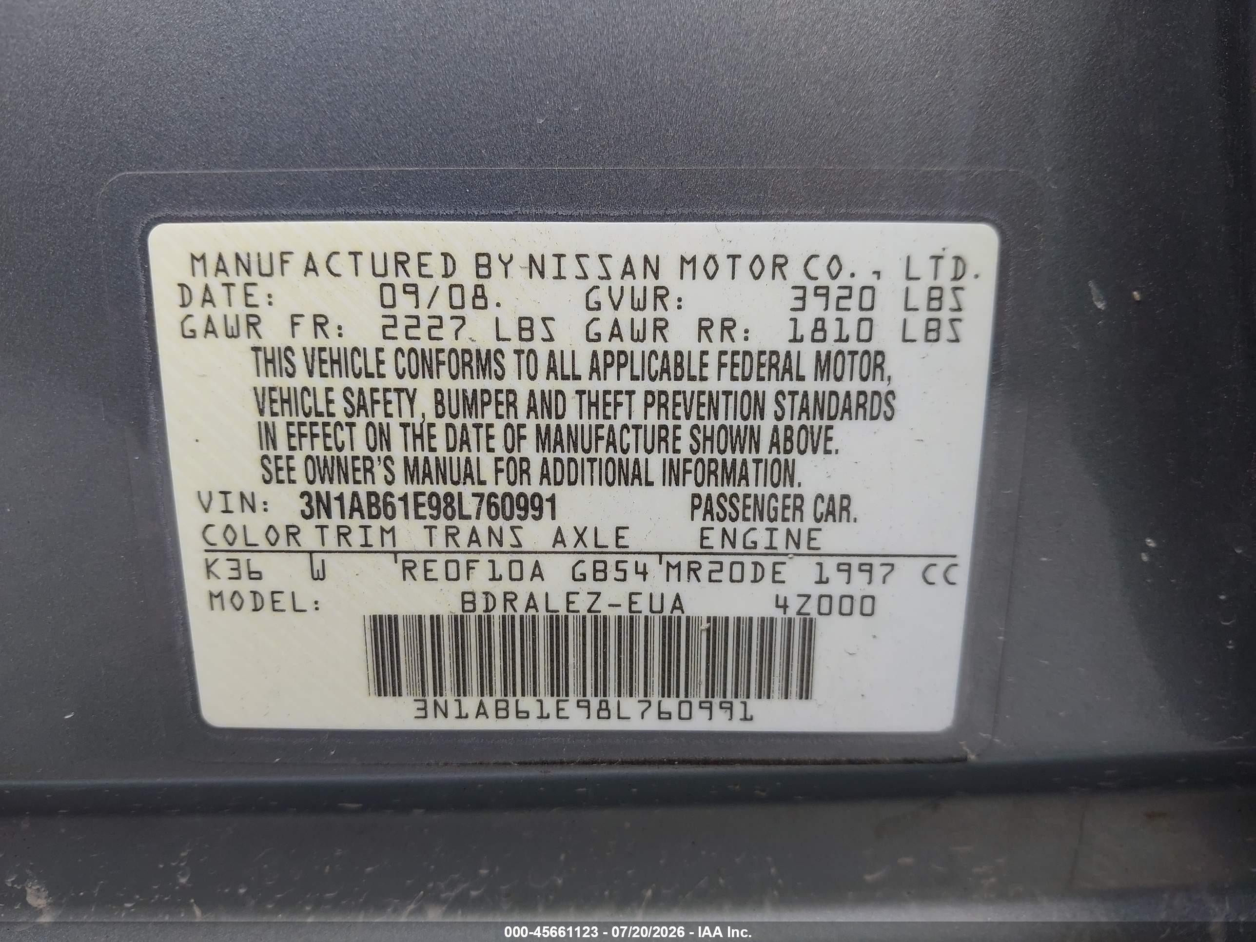 2008 Nissan Sentra 2.0 S Gray vin: 3N1AB61E98L760991