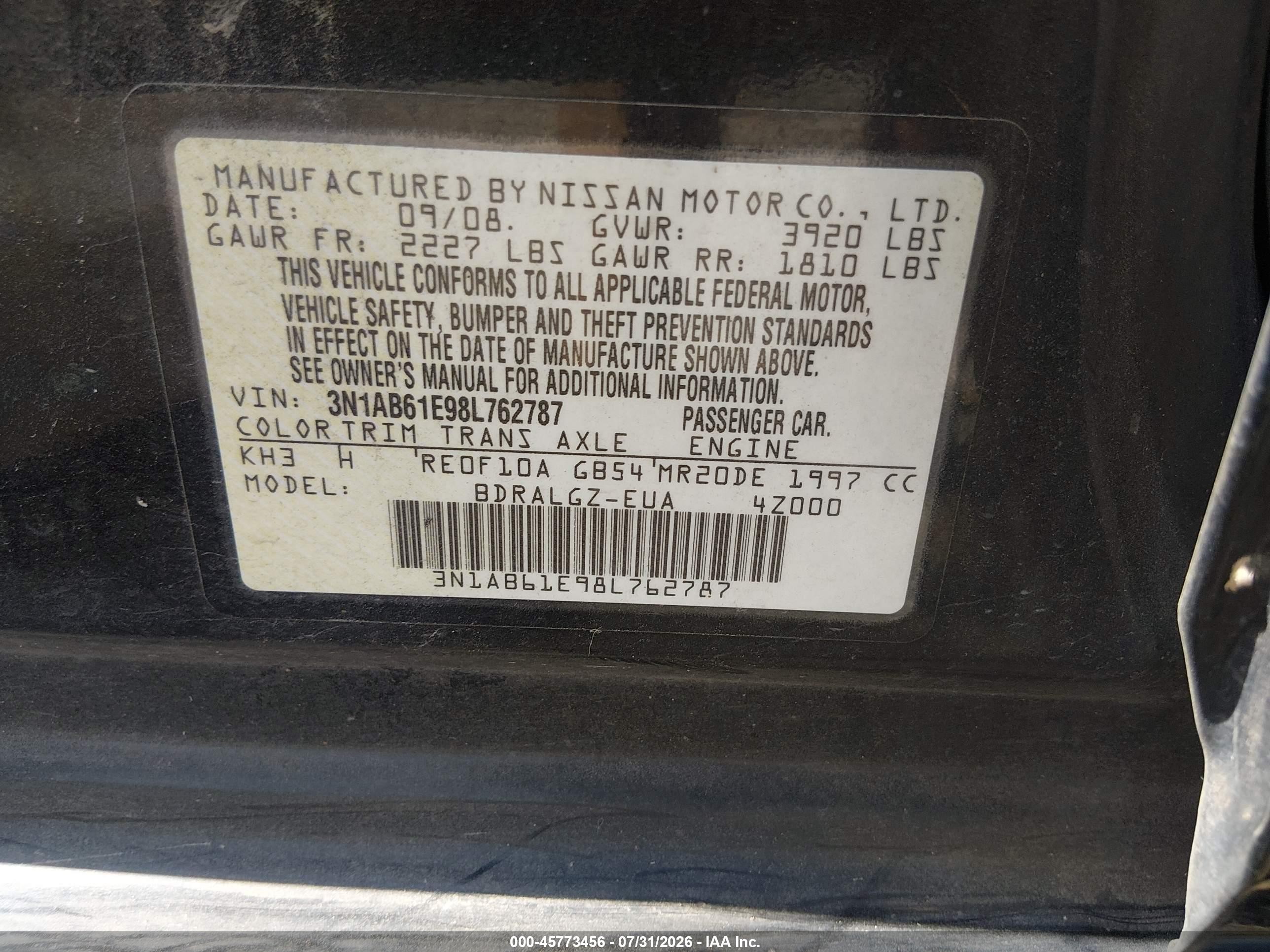 2008 Nissan Sentra 2.0 Sl Черный vin: 3N1AB61E98L762787