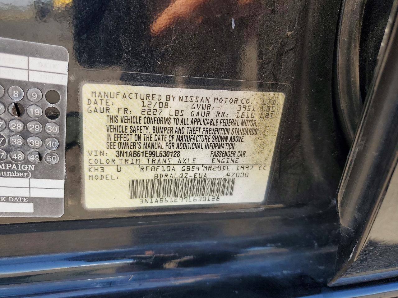 2009 Nissan Sentra 2.0 Черный vin: 3N1AB61E99L630128