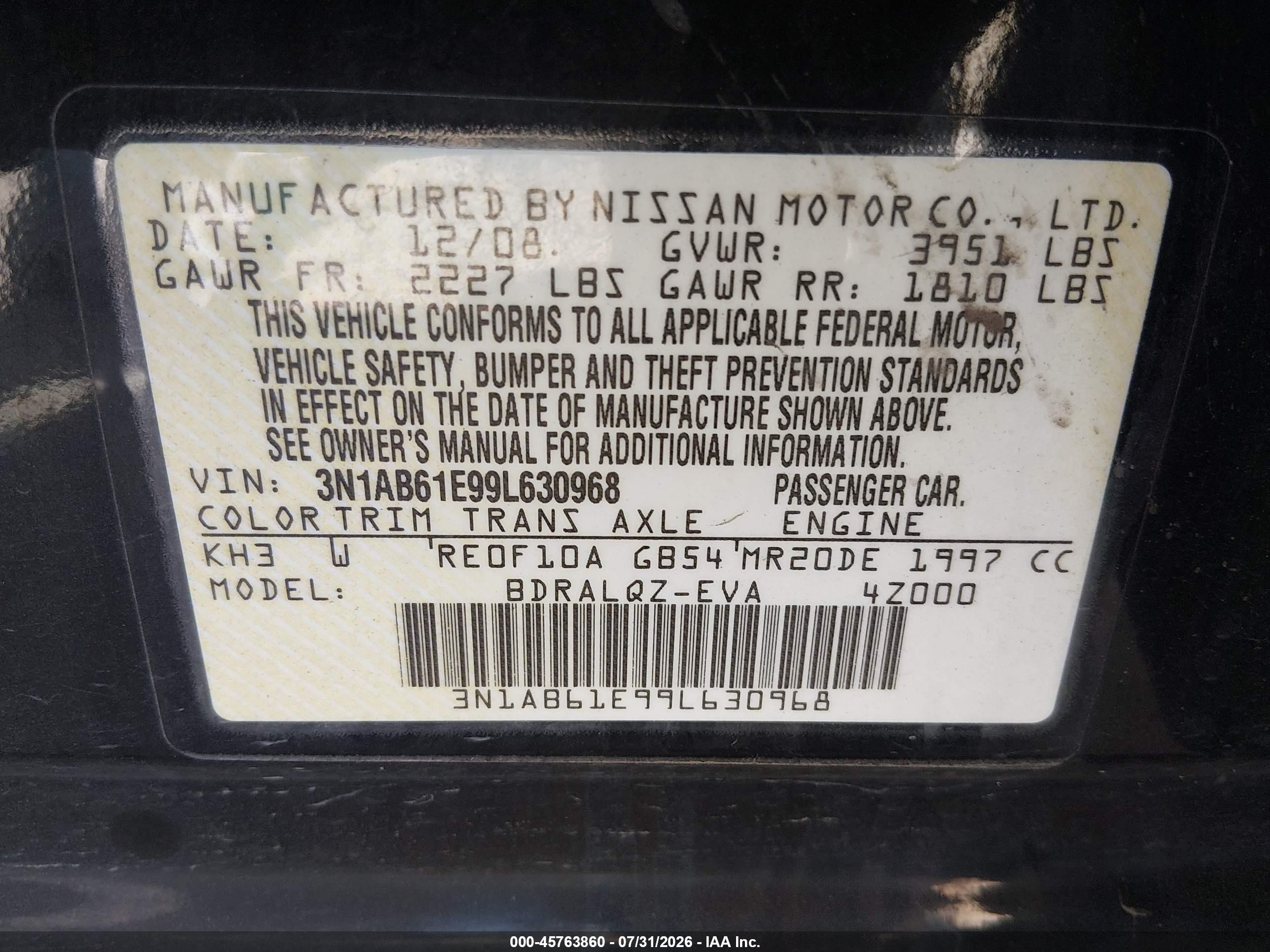 2009 Nissan Sentra 2.0 Black vin: 3N1AB61E99L630968