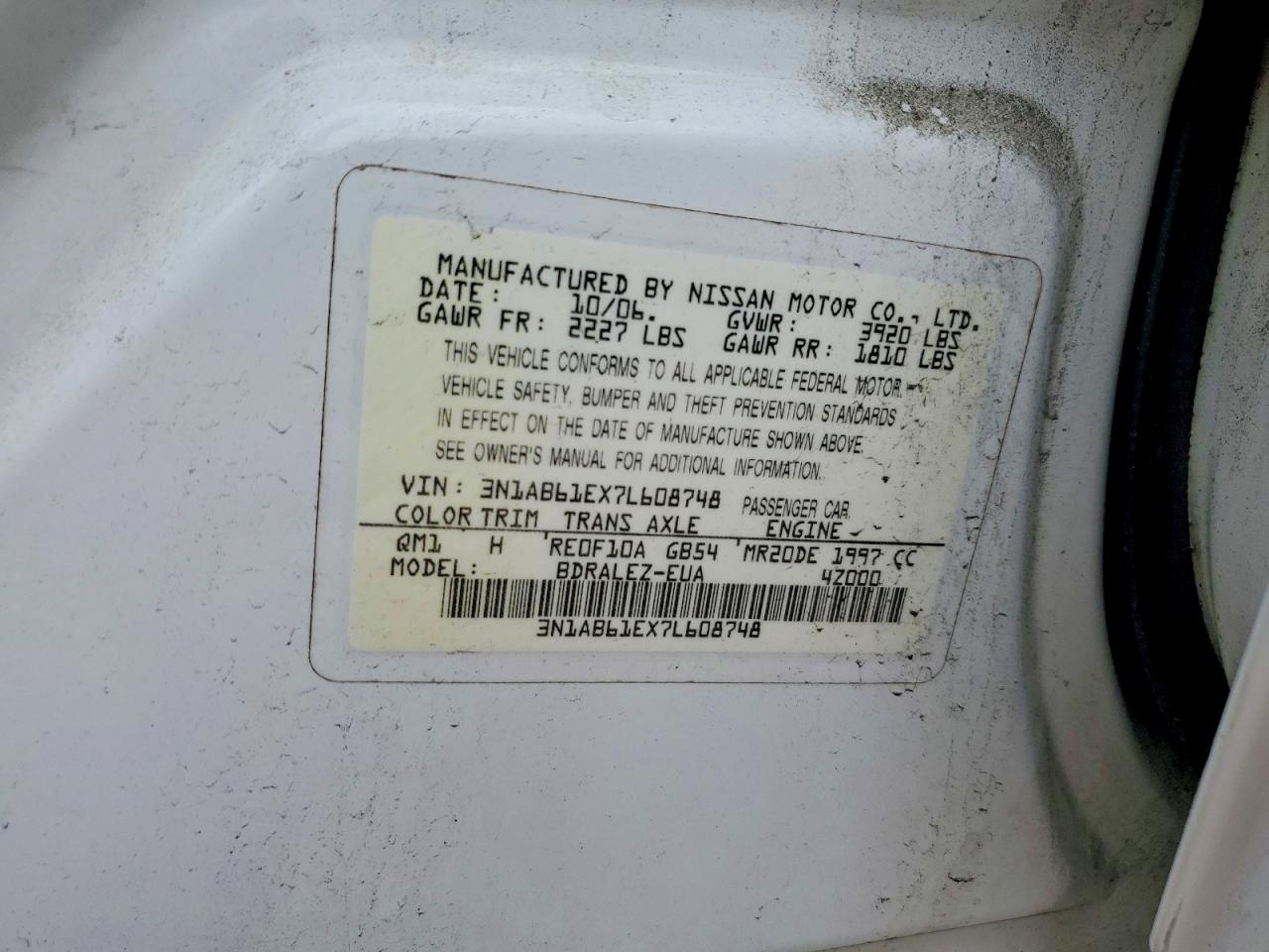 2007 Nissan Sentra 2.0 White vin: 3N1AB61EX7L608748