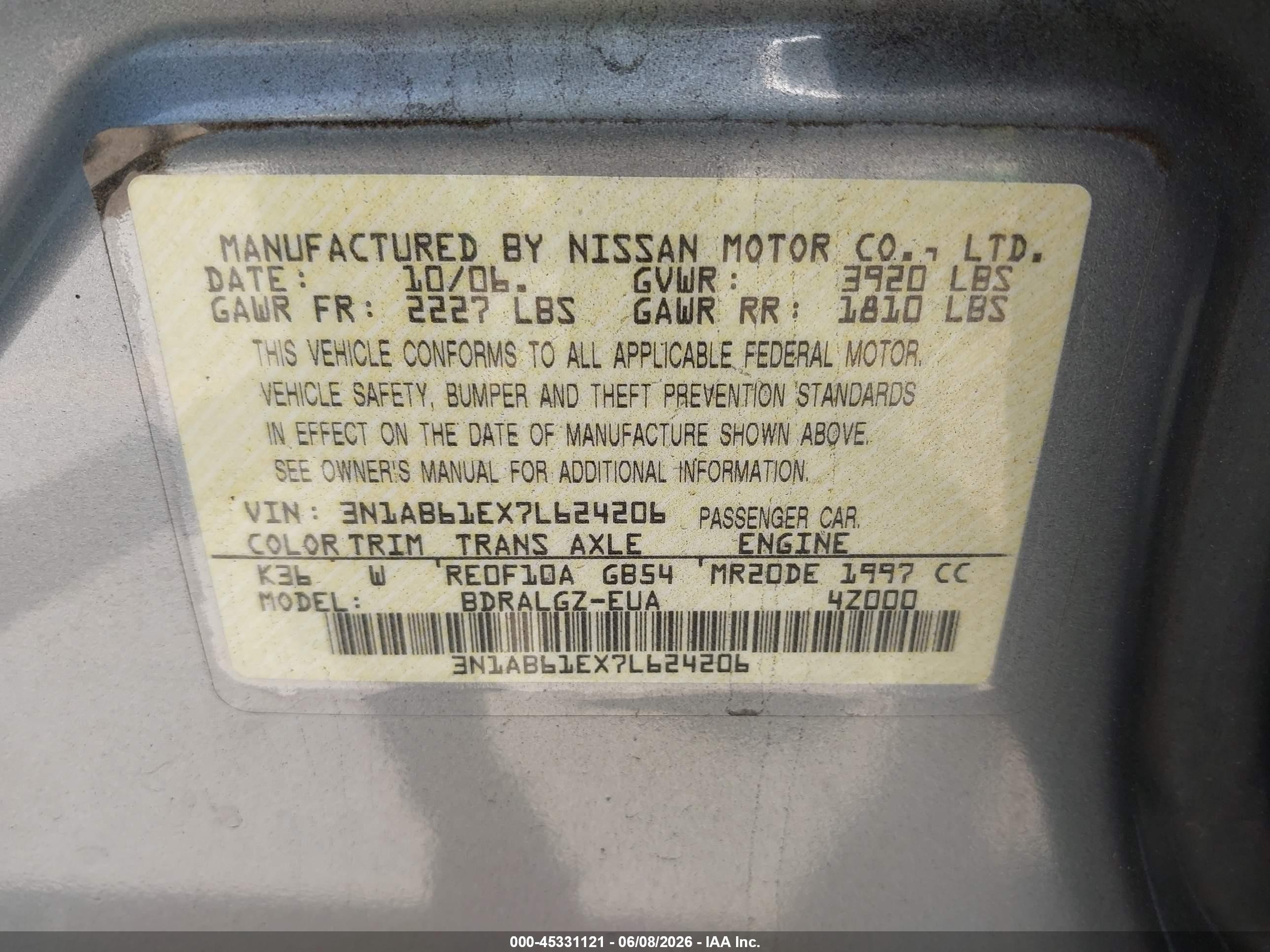 2007 Nissan Sentra 2.0sl Серый vin: 3N1AB61EX7L624206