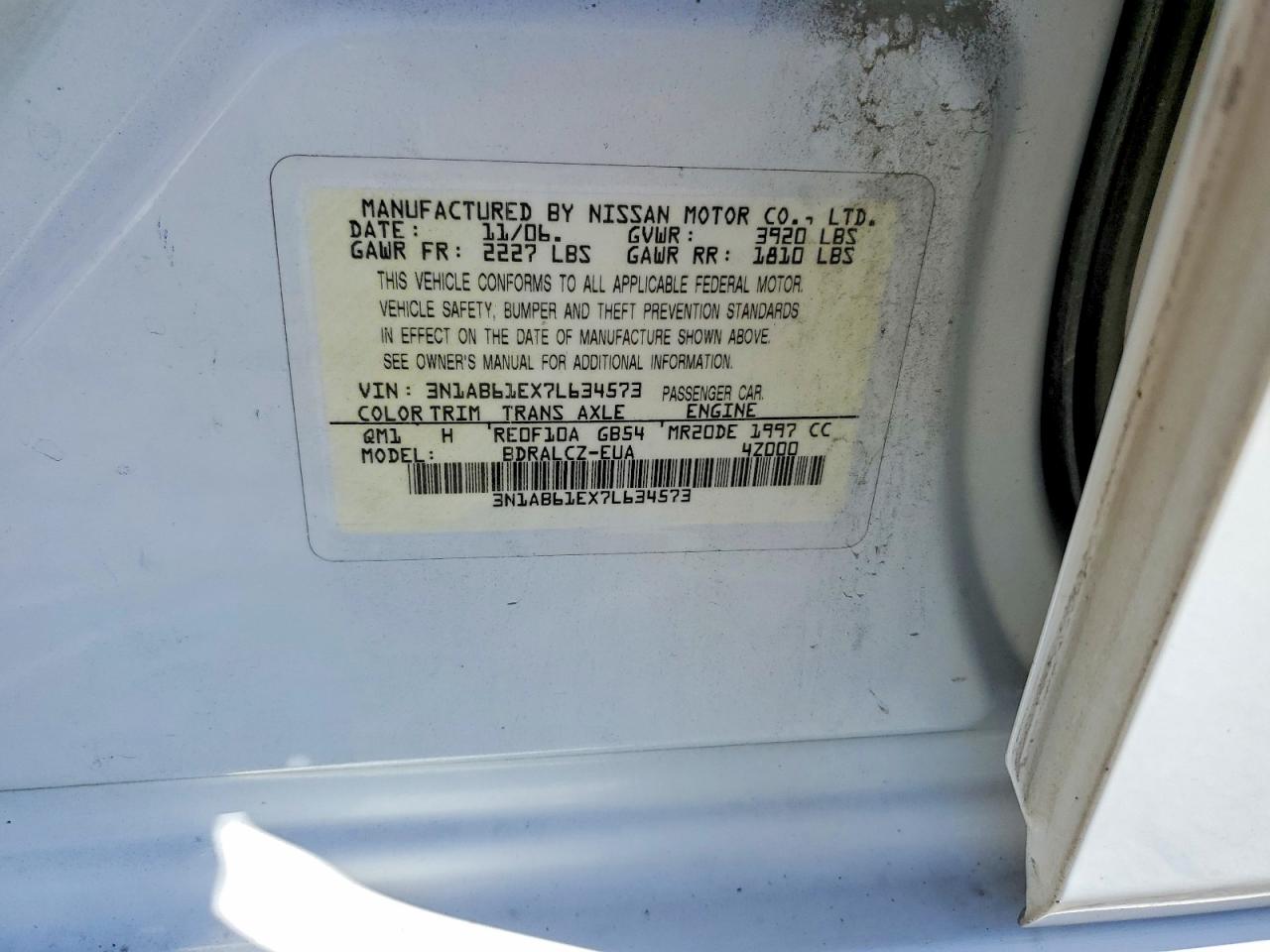 2007 Nissan Sentra 2.0 White vin: 3N1AB61EX7L634573