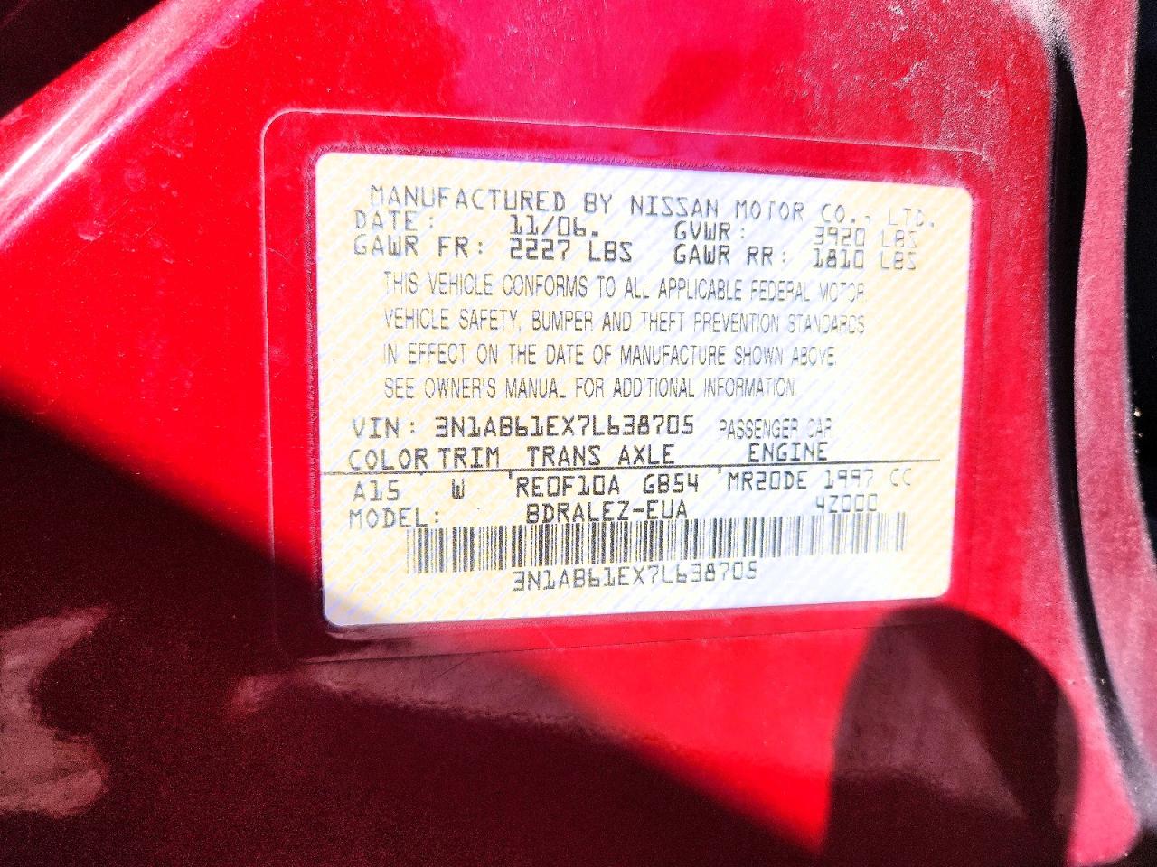 2007 Nissan Sentra 2.0 Red vin: 3N1AB61EX7L638705