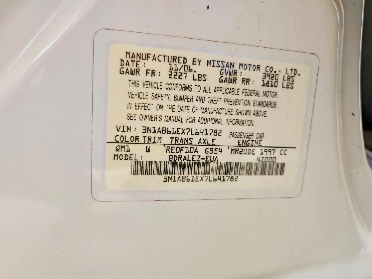 2007 Nissan Sentra 2.0 White vin: 3N1AB61EX7L641782