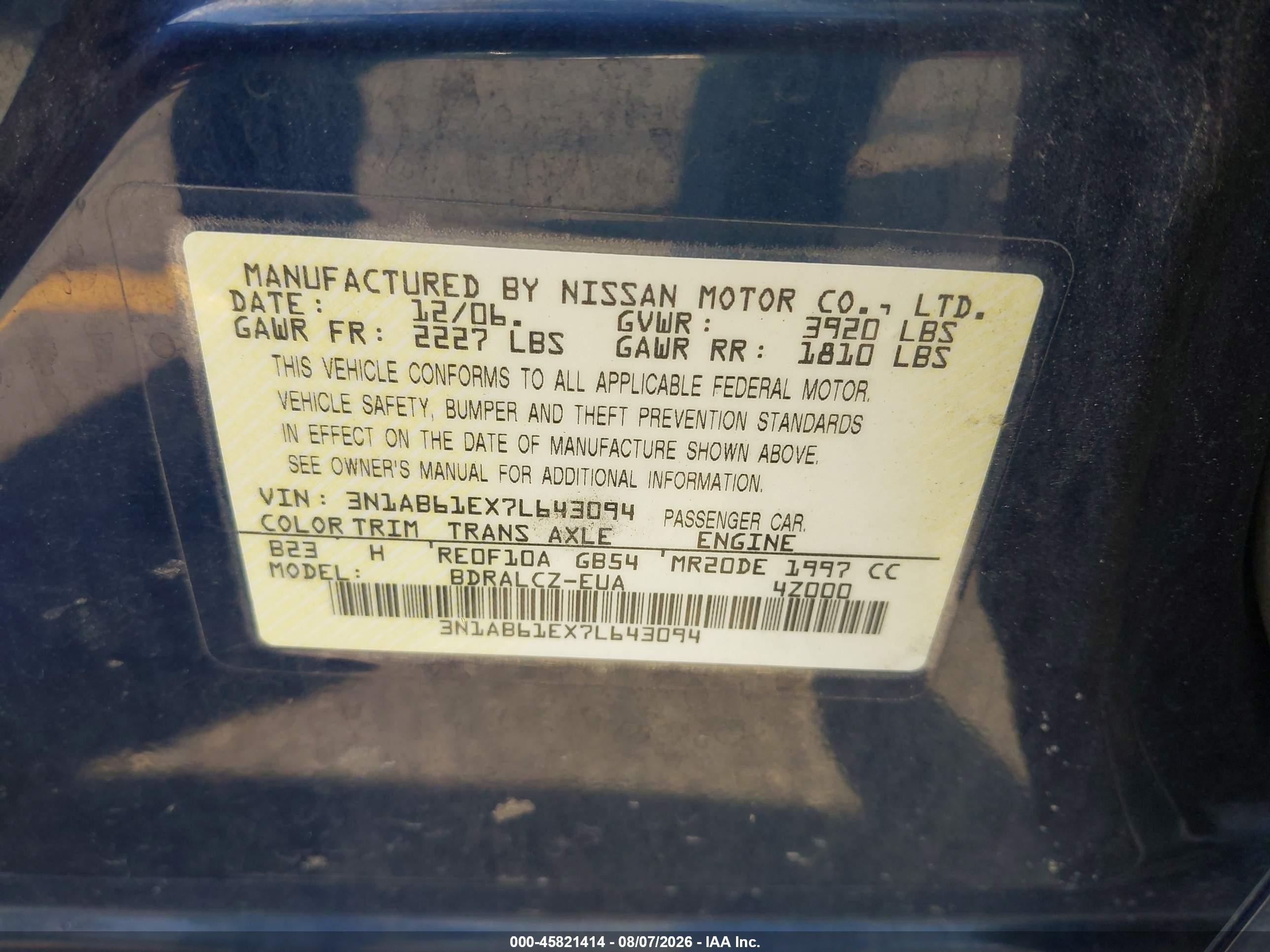 2007 Nissan Sentra 2.0 Blue vin: 3N1AB61EX7L643094