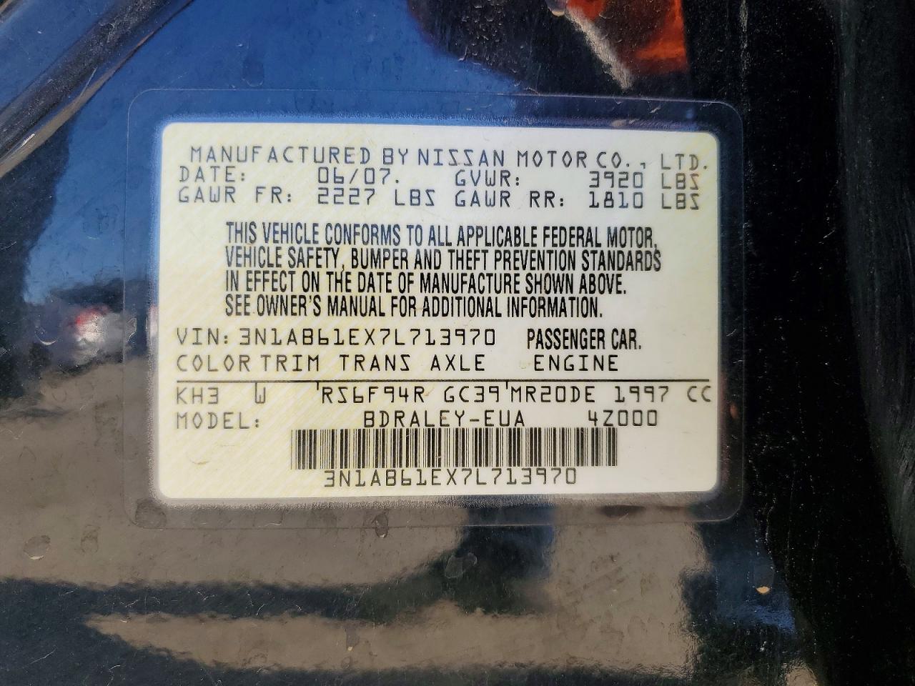 2007 Nissan Sentra 2.0 Black vin: 3N1AB61EX7L713970