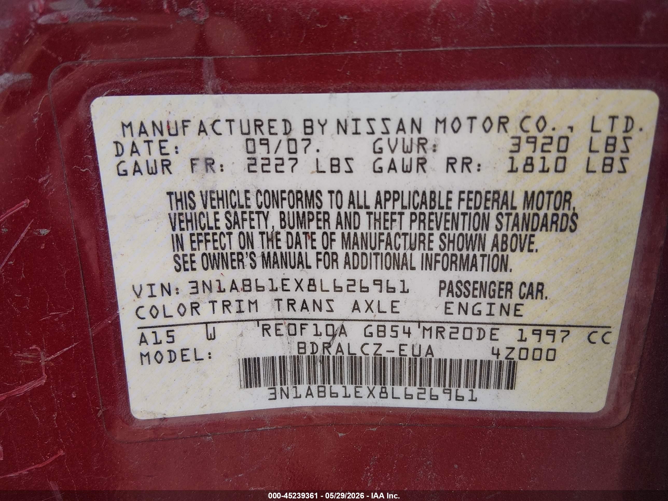 2008 Nissan Sentra 2.0 Maroon vin: 3N1AB61EX8L626961