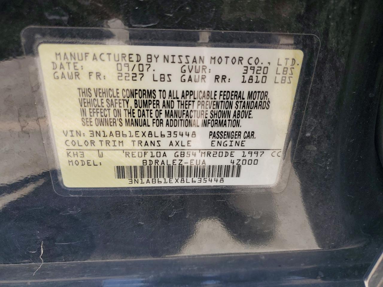 2008 Nissan Sentra 2.0 Черный vin: 3N1AB61EX8L635448