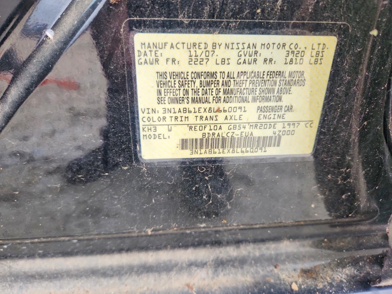 2008 Nissan Sentra 2.0 Black vin: 3N1AB61EX8L660091