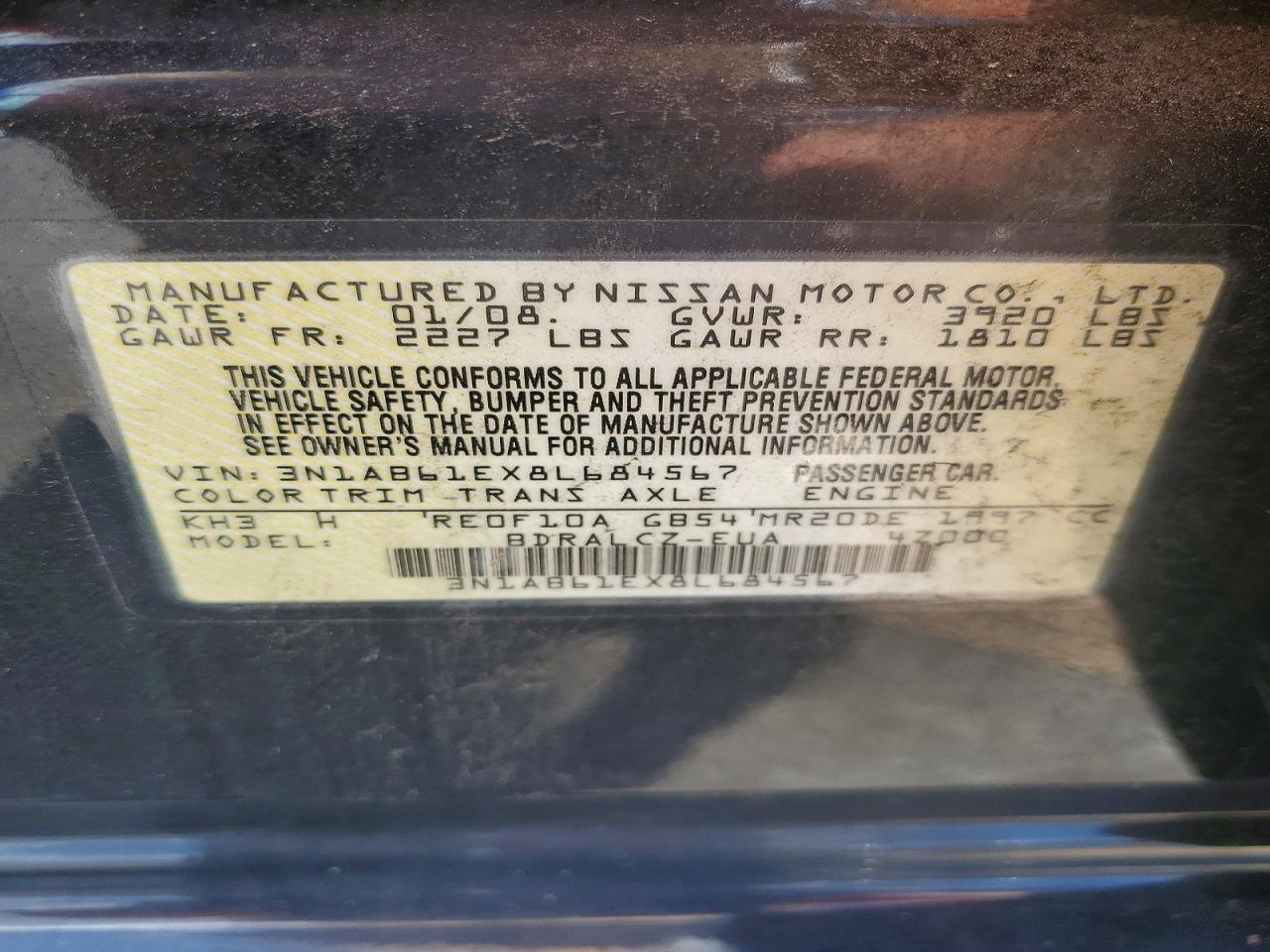 2008 Nissan Sentra 2.0 Black vin: 3N1AB61EX8L684567