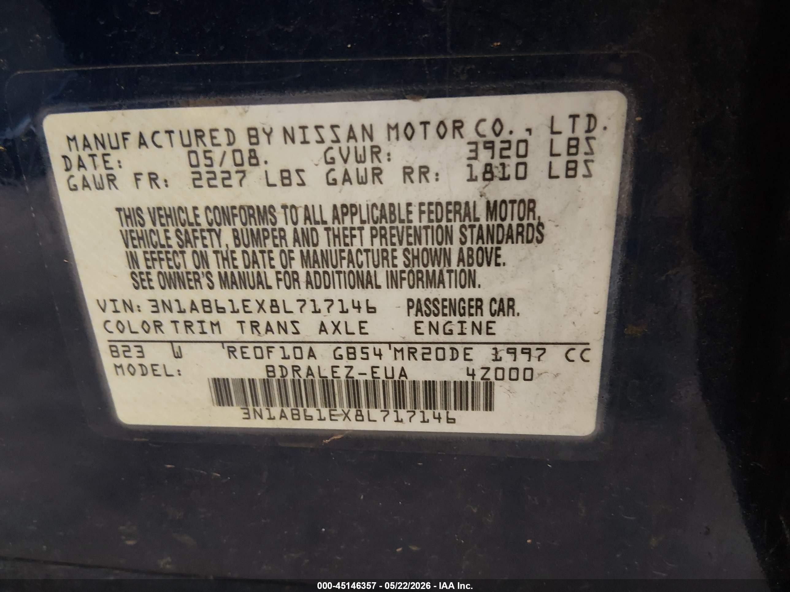 2008 Nissan Sentra 2.0s Синий vin: 3N1AB61EX8L717146
