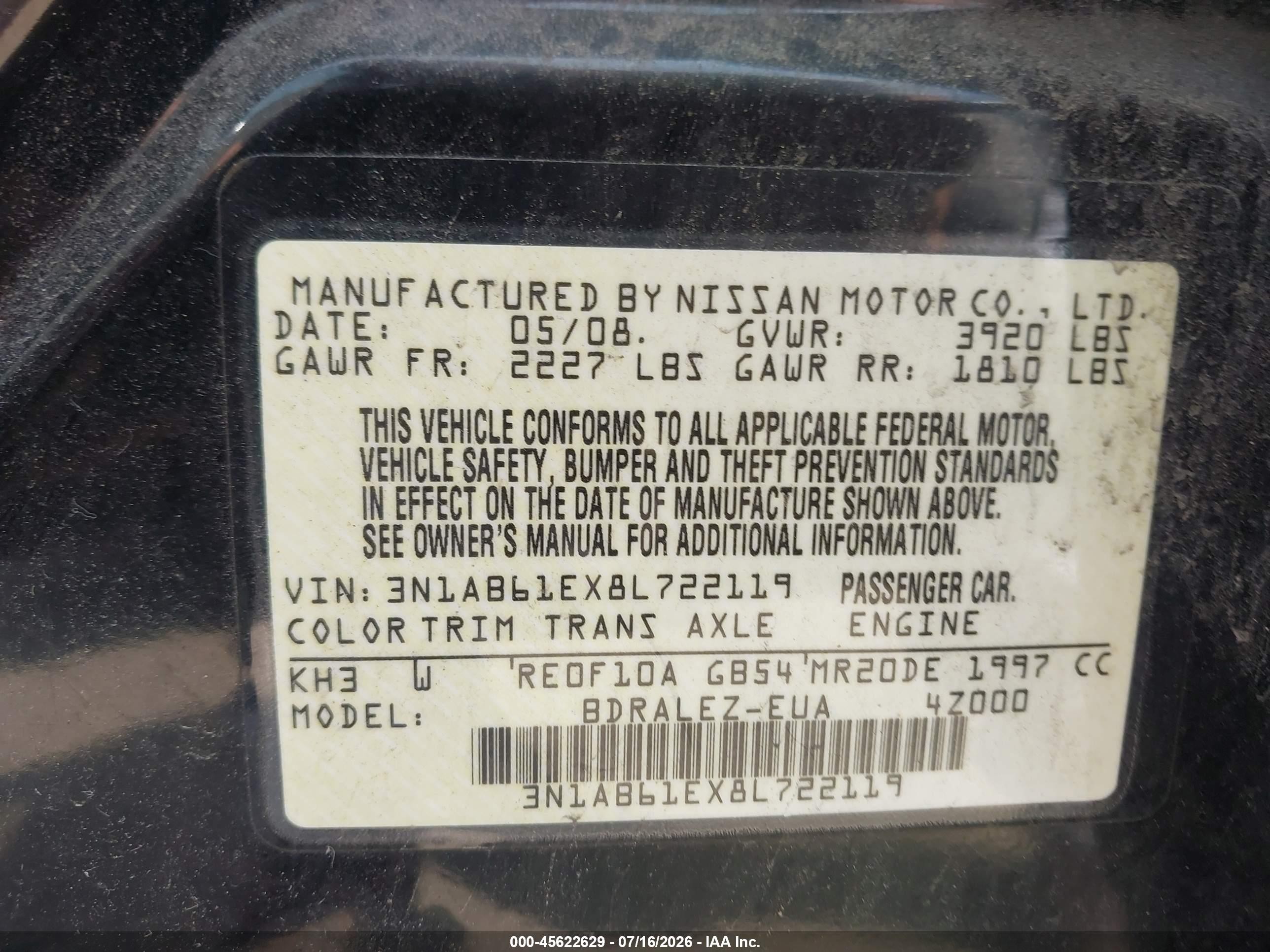 2008 Nissan Sentra 2.0 S Black vin: 3N1AB61EX8L722119