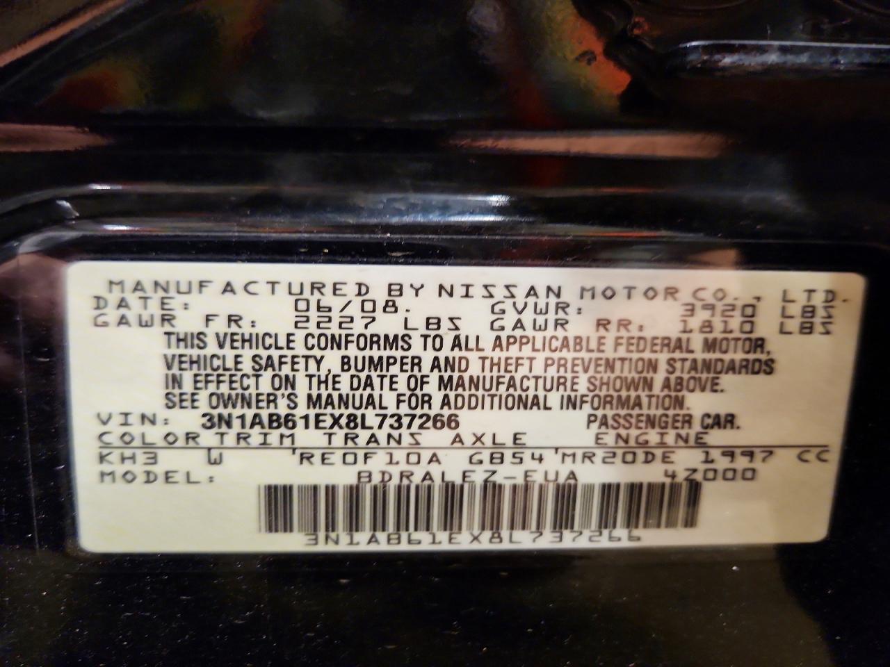 2008 Nissan Sentra 2.0 Black vin: 3N1AB61EX8L737266